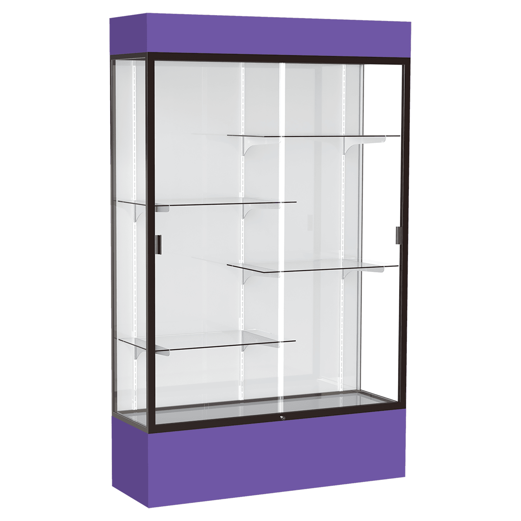 80"H x 48"W x 16"D Purple Laminate Finish, White Laminate Finish Back, Bronze Aluminum Frame, Lighted, Spirit Display Case