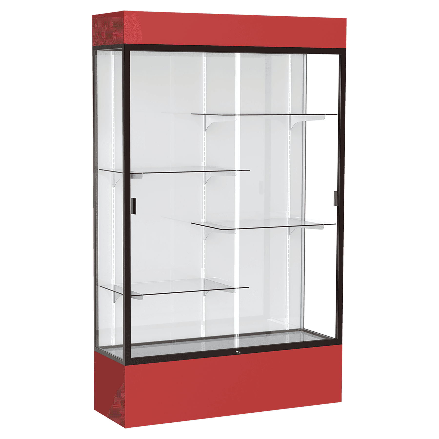 80"H x 48"W x 16"D Red Laminate Finish, White Laminate Finish Back, Bronze Aluminum Frame, Lighted, Spirit Display Case
