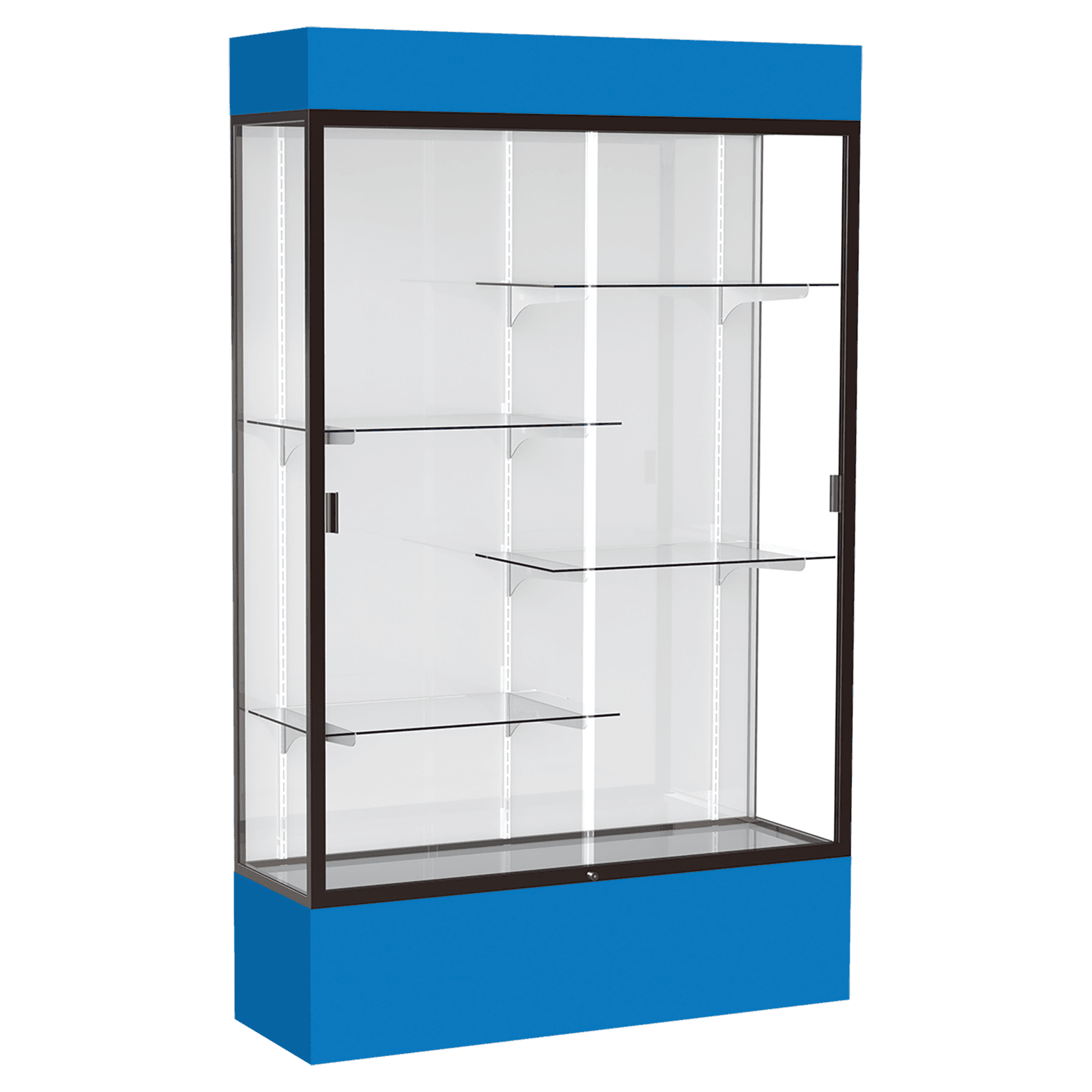 80"H x 48"W x 16"D Royal Blue Laminate Finish, White Laminate Finish Back, Bronze Aluminum Frame, Lighted, Spirit Display Case