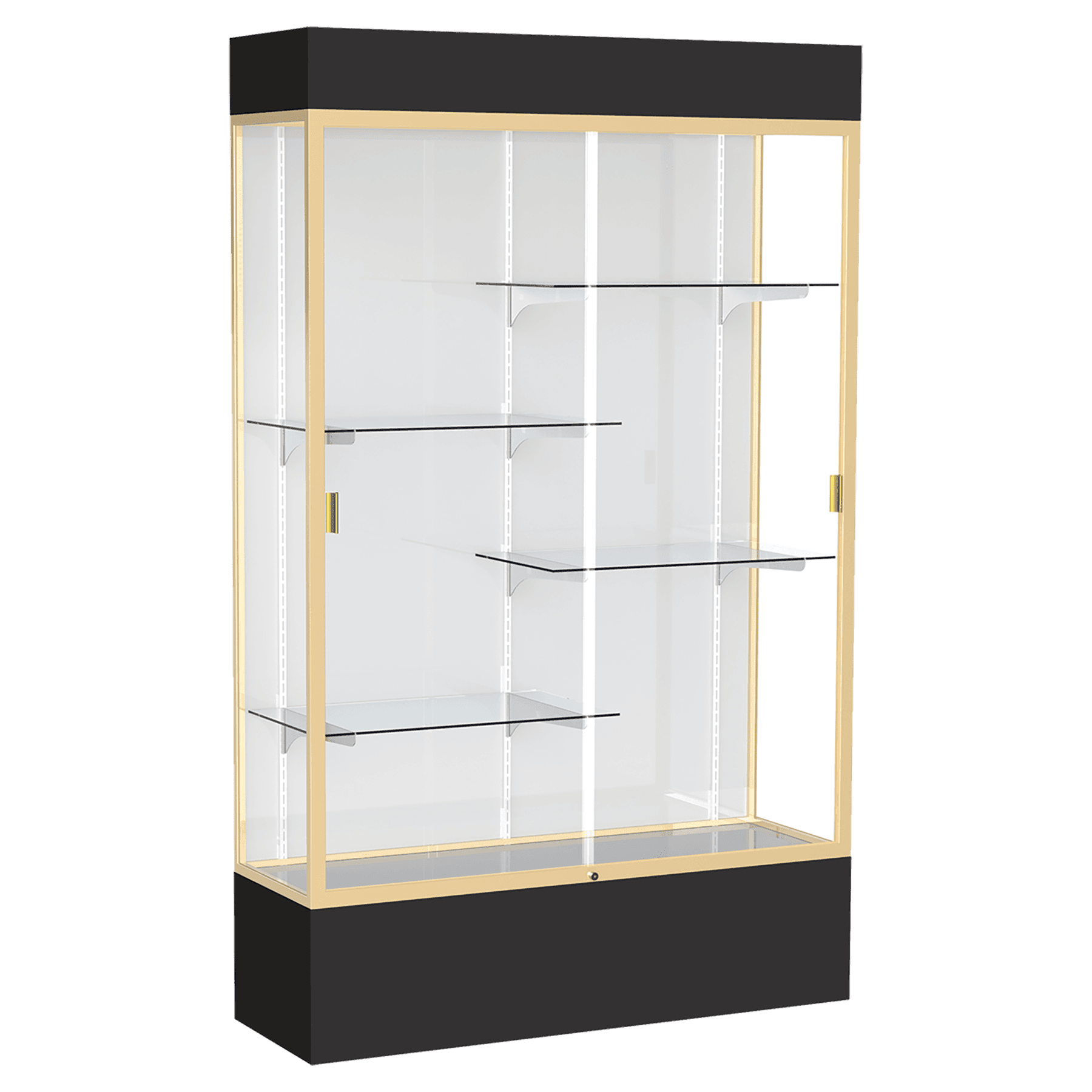 80"H x 48"W x 16"D Black Laminate Finish, White Laminate Finish Back, Champagne Aluminum Frame, Lighted, Spirit Display Case