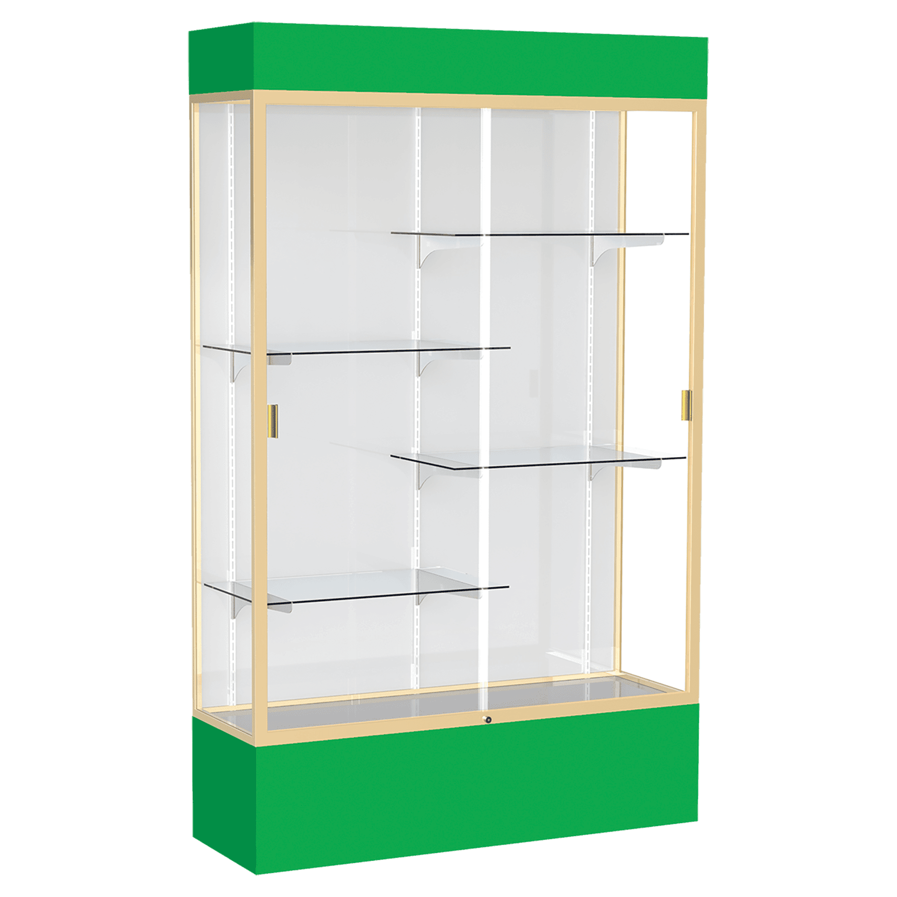 80"H x 48"W x 16"D Kelly Green Laminate Finish, White Laminate Finish Back, Champagne Aluminum Frame, Lighted, Spirit Display Case