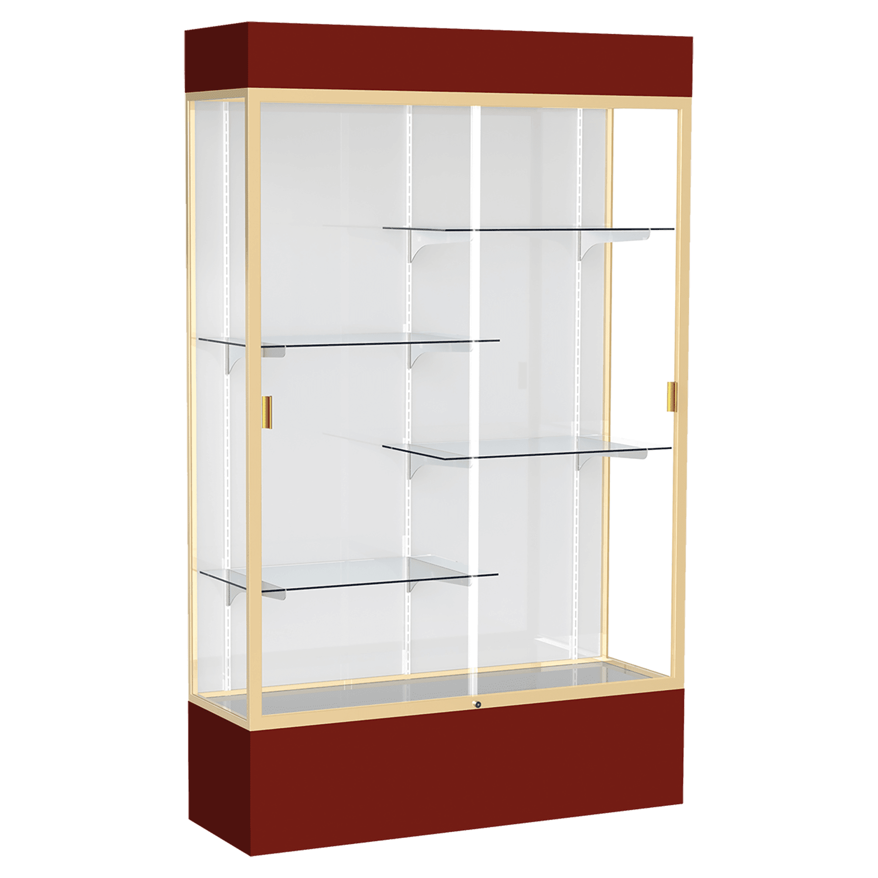 80"H x 48"W x 16"D Maroon Laminate Finish, White Laminate Finish Back, Champagne Aluminum Frame, Lighted, Spirit Display Case
