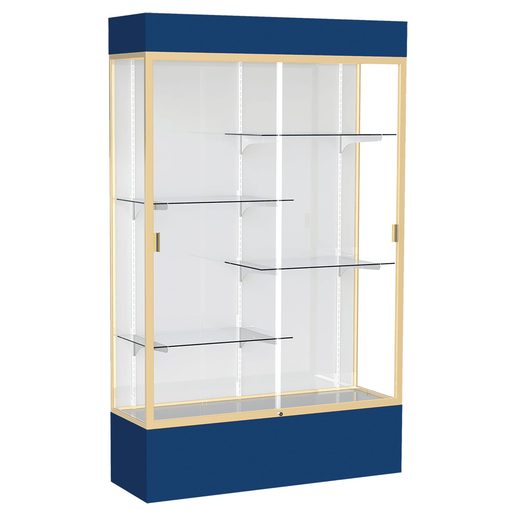 80"H x 48"W x 16"D Navy Laminate Finish, White Laminate Finish Back, Champagne Aluminum Frame, Lighted, Spirit Display Case