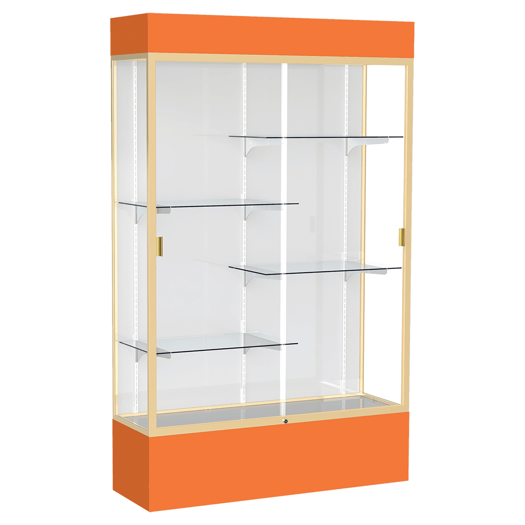80"H x 48"W x 16"D Orange Laminate Finish, White Laminate Finish Back, Champagne Aluminum Frame, Lighted, Spirit Display Case