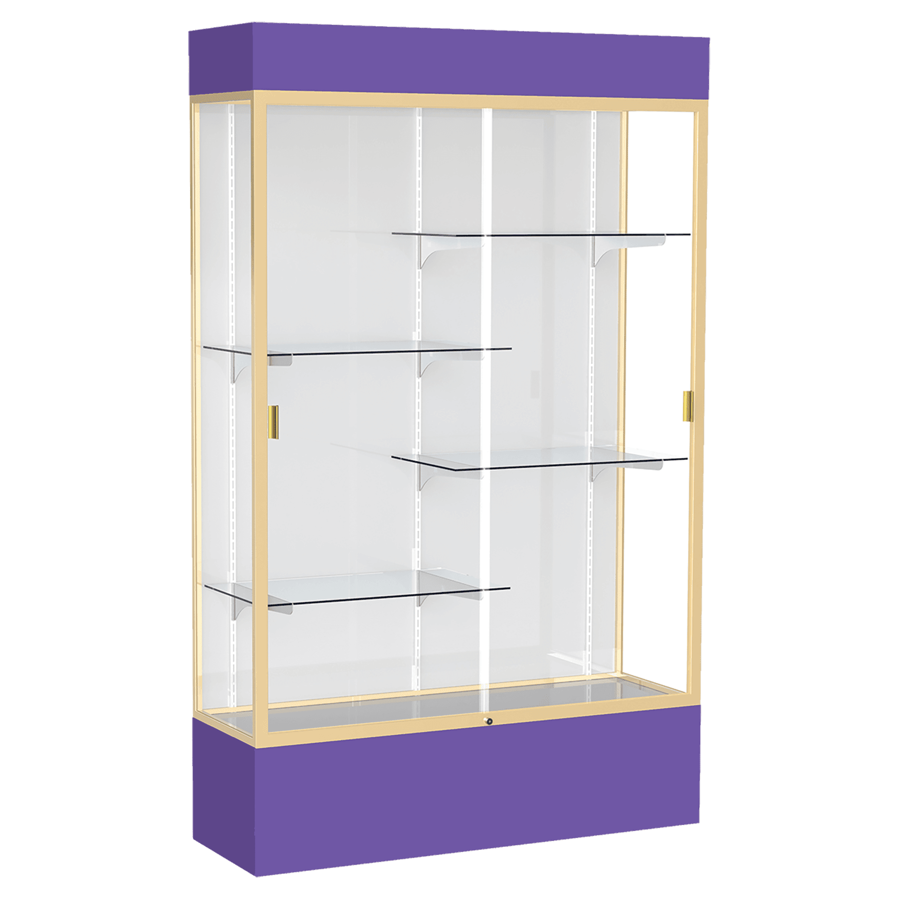 80"H x 48"W x 16"D Purple Laminate Finish, White Laminate Finish Back, Champagne Aluminum Frame, Lighted, Spirit Display Case