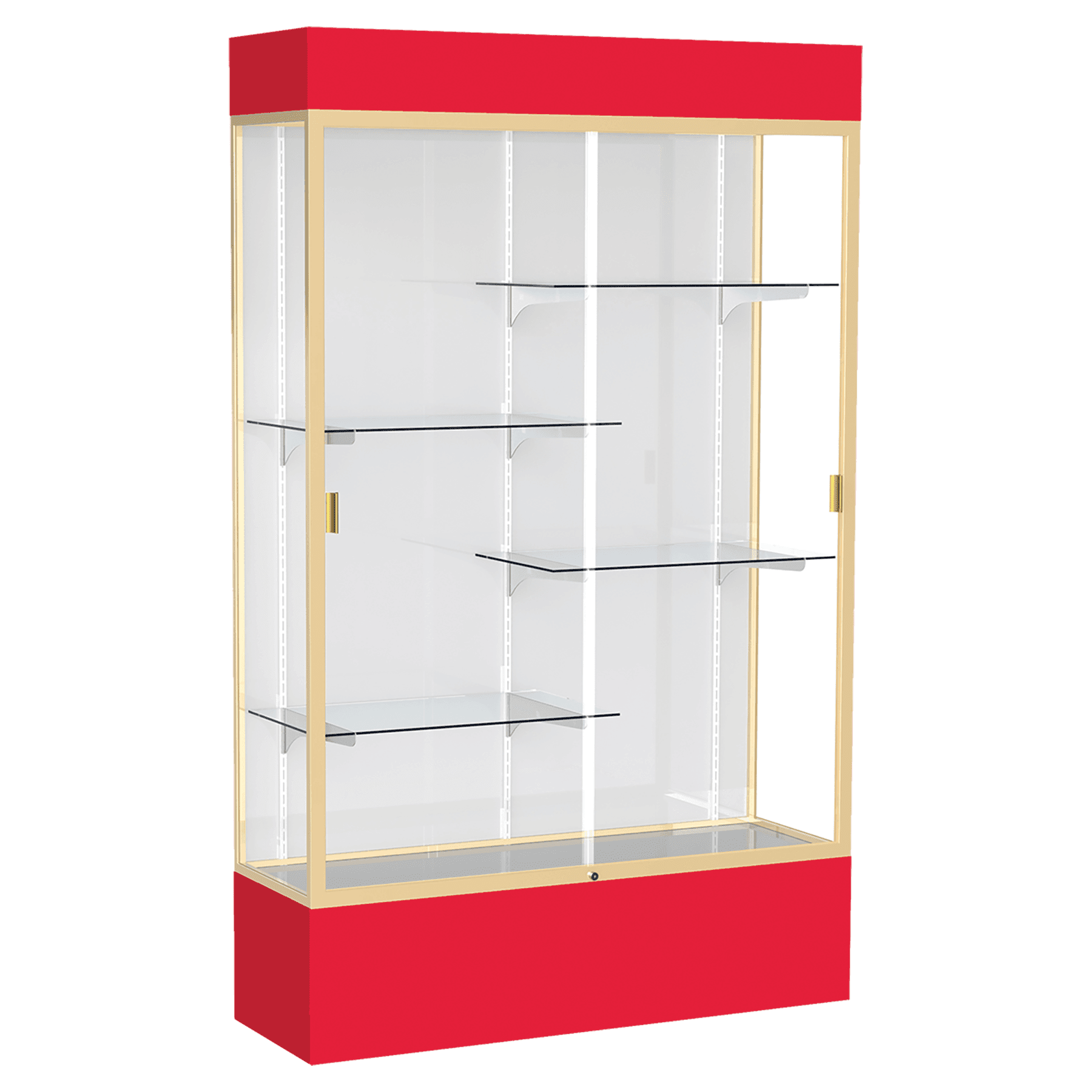 80"H x 48"W x 16"D Red Laminate Finish, White Laminate Finish Back, Champagne Aluminum Frame, Lighted, Spirit Display Case