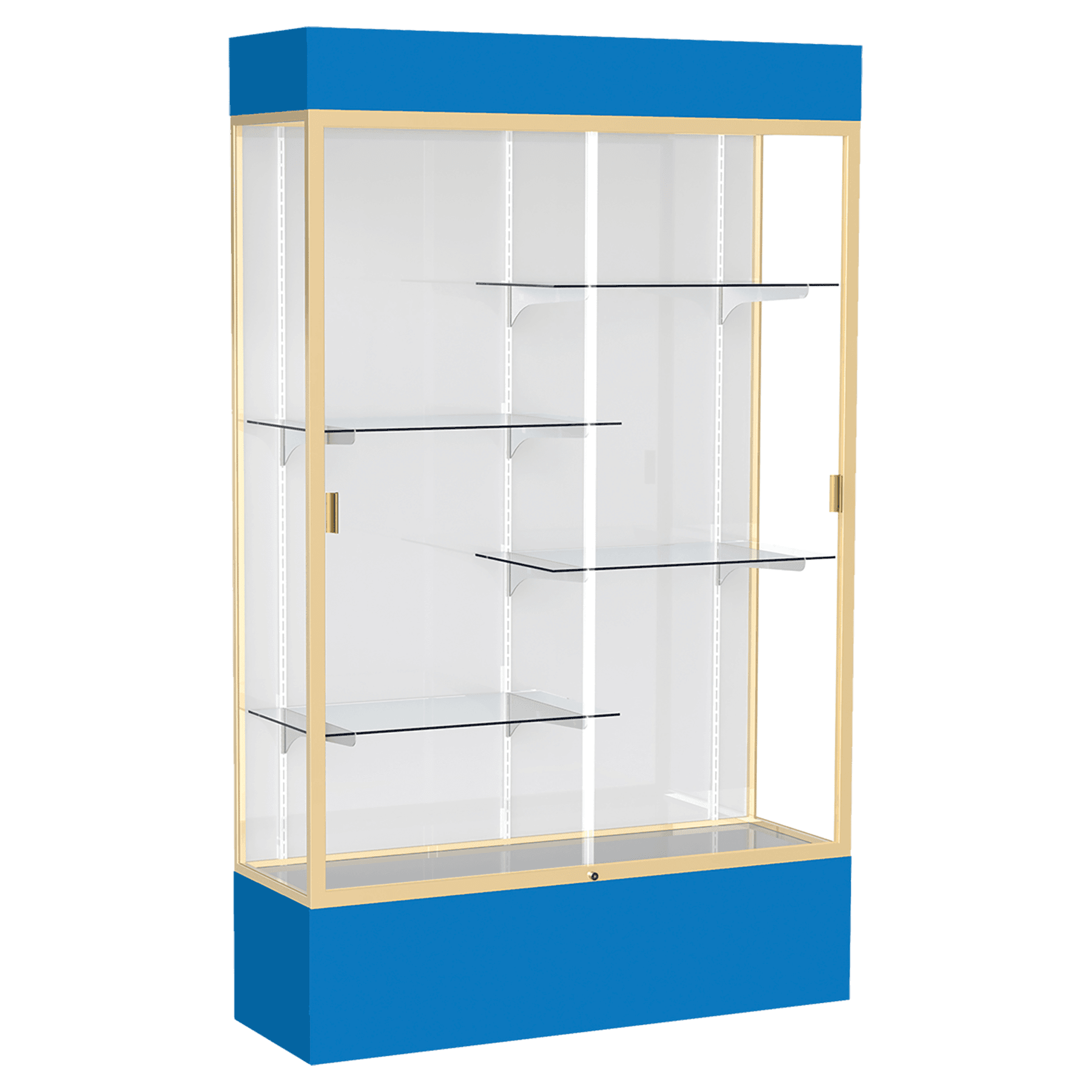 80"H x 48"W x 16"D Royal Blue Laminate Finish, White Laminate Finish Back, Champagne Aluminum Frame, Lighted, Spirit Display Case