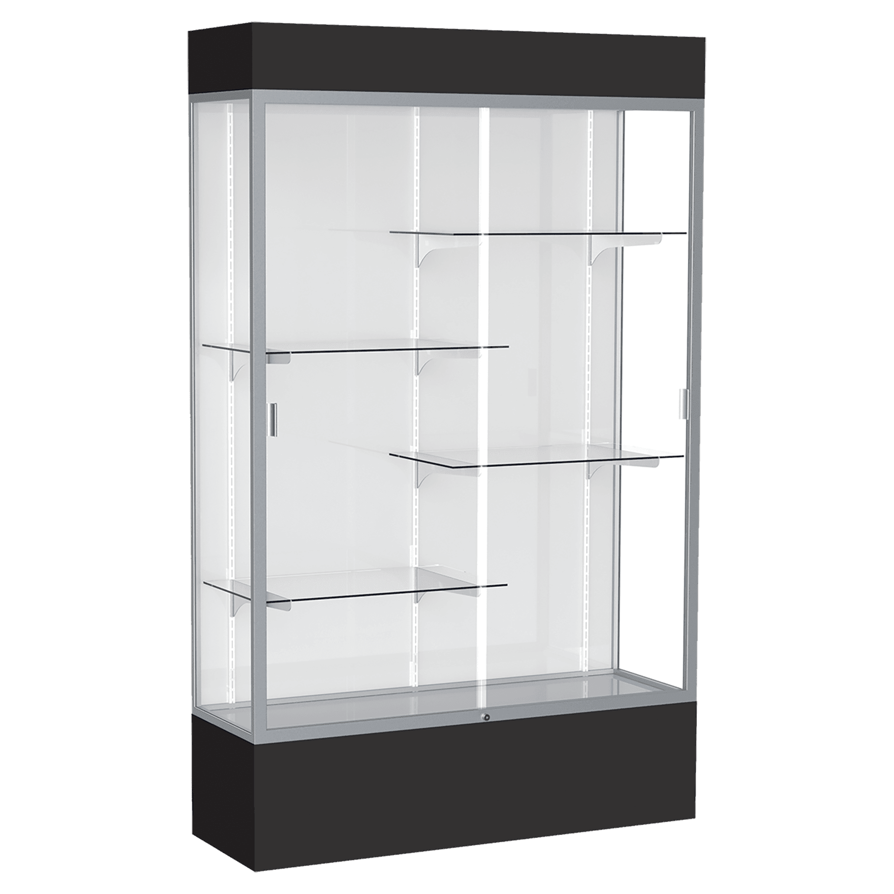 80"H x 48"W x 16"D Black Laminate Finish, White Laminate Finish Back, Satin Aluminum Frame, Lighted, Spirit Display Case