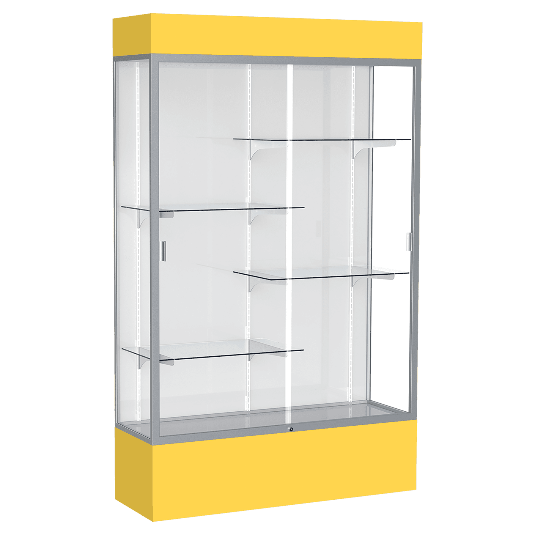 80"H x 48"W x 16"D Goldenrod Laminate Finish, White Laminate Finish Back, Satin Aluminum Frame, Lighted, Spirit Display Case