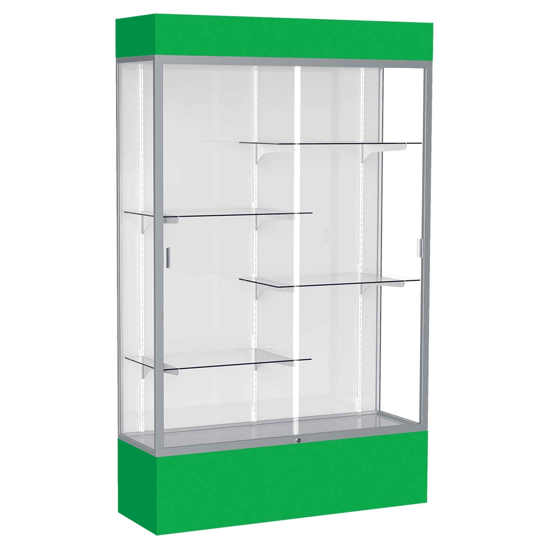 80"H x 48"W x 16"D Kelly Green Laminate Finish, White Laminate Finish Back, Satin Aluminum Frame, Lighted, Spirit Display Case
