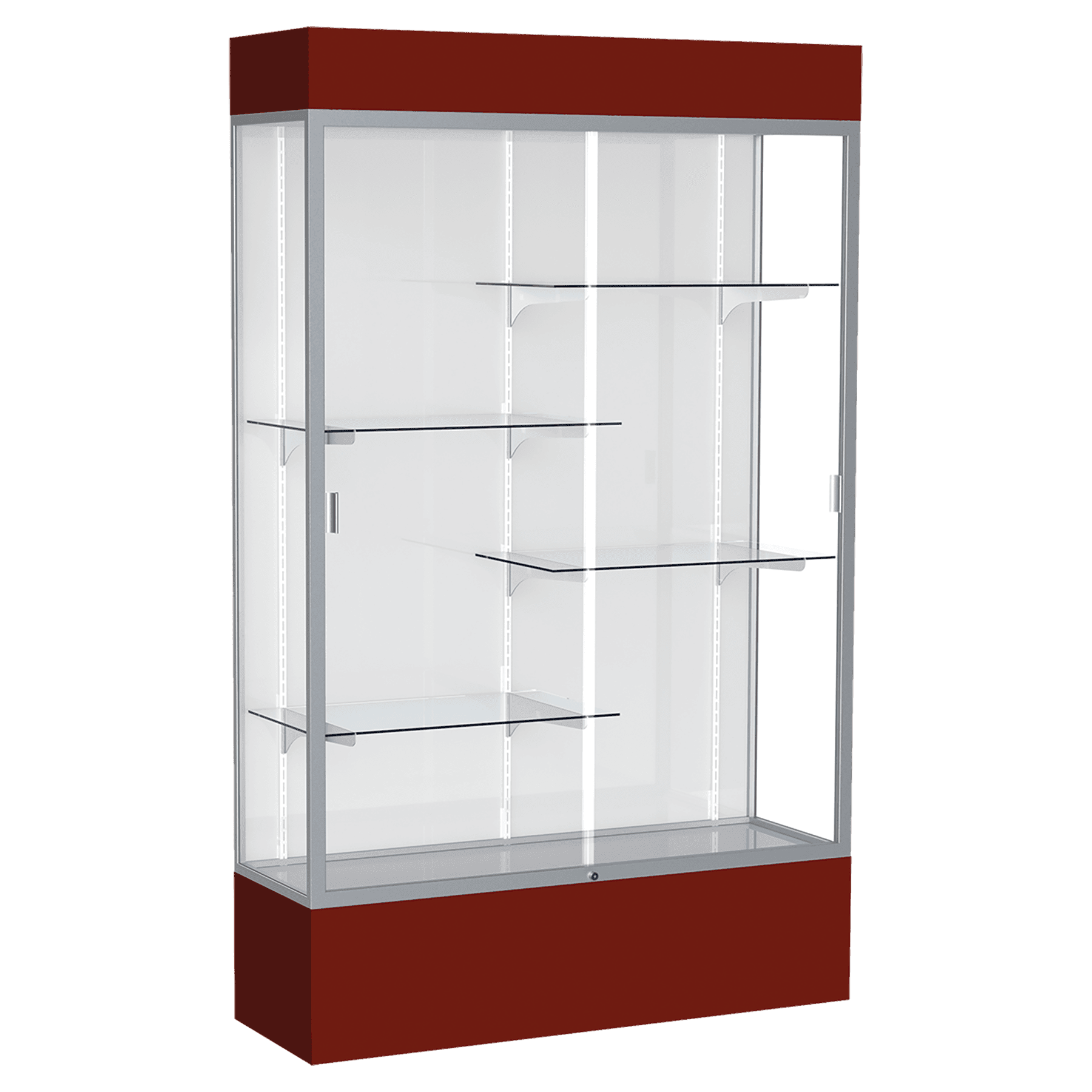 80"H x 48"W x 16"D Maroon Laminate Finish, White Laminate Finish Back, Satin Aluminum Frame, Lighted, Spirit Display Case