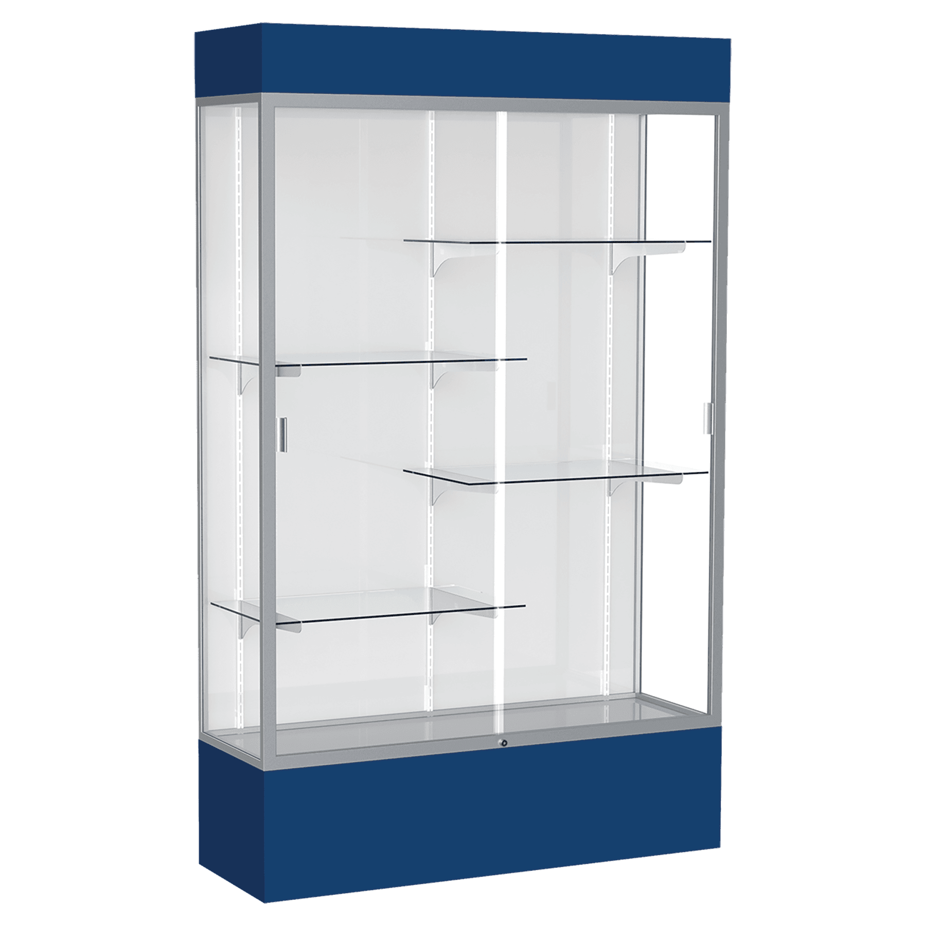 80"H x 48"W x 16"D Navy Laminate Finish, White Laminate Finish Back, Satin Aluminum Frame, Lighted, Spirit Display Case
