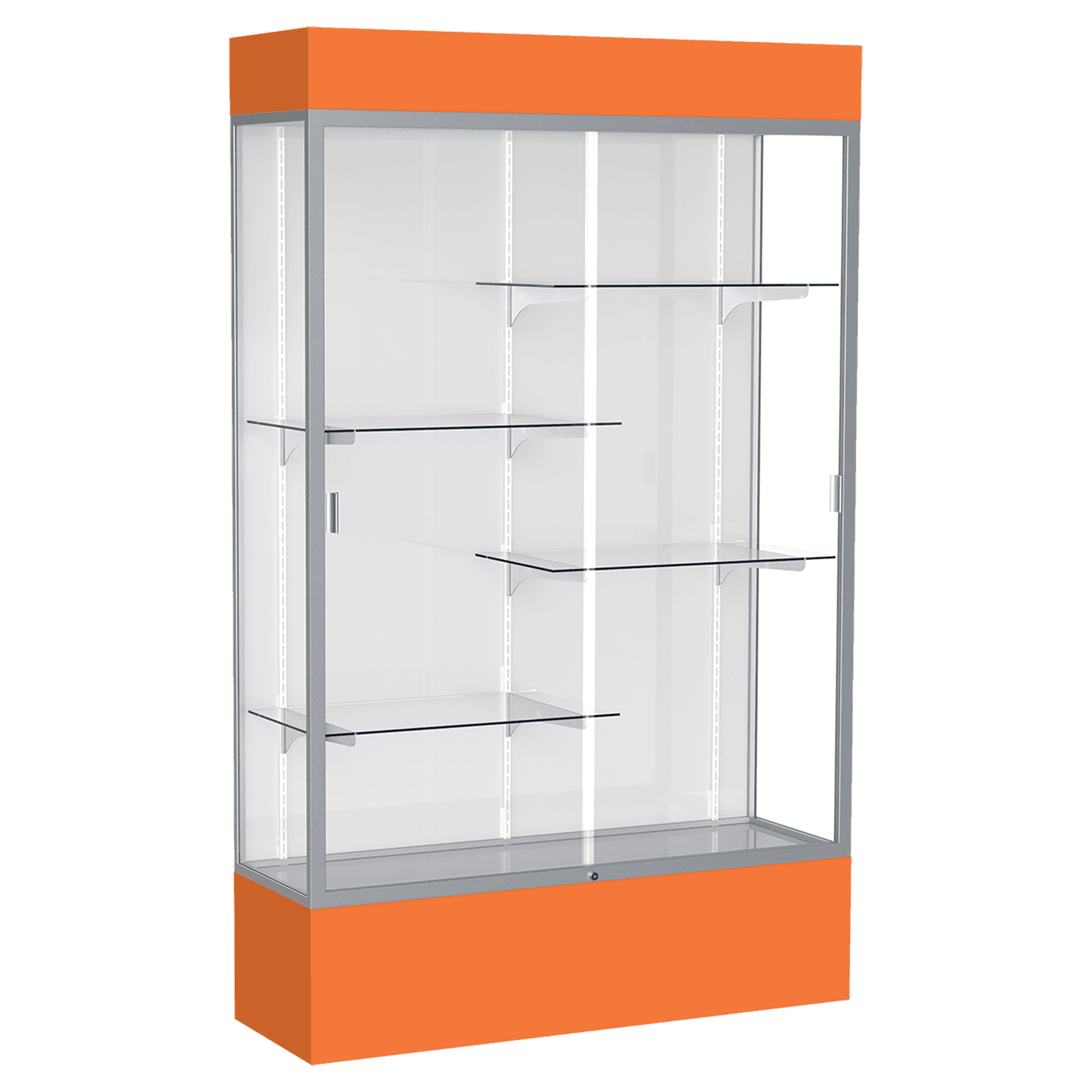 80"H x 48"W x 16"D Orange Laminate Finish, White Laminate Finish Back, Satin Aluminum Frame, Lighted, Spirit Display Case