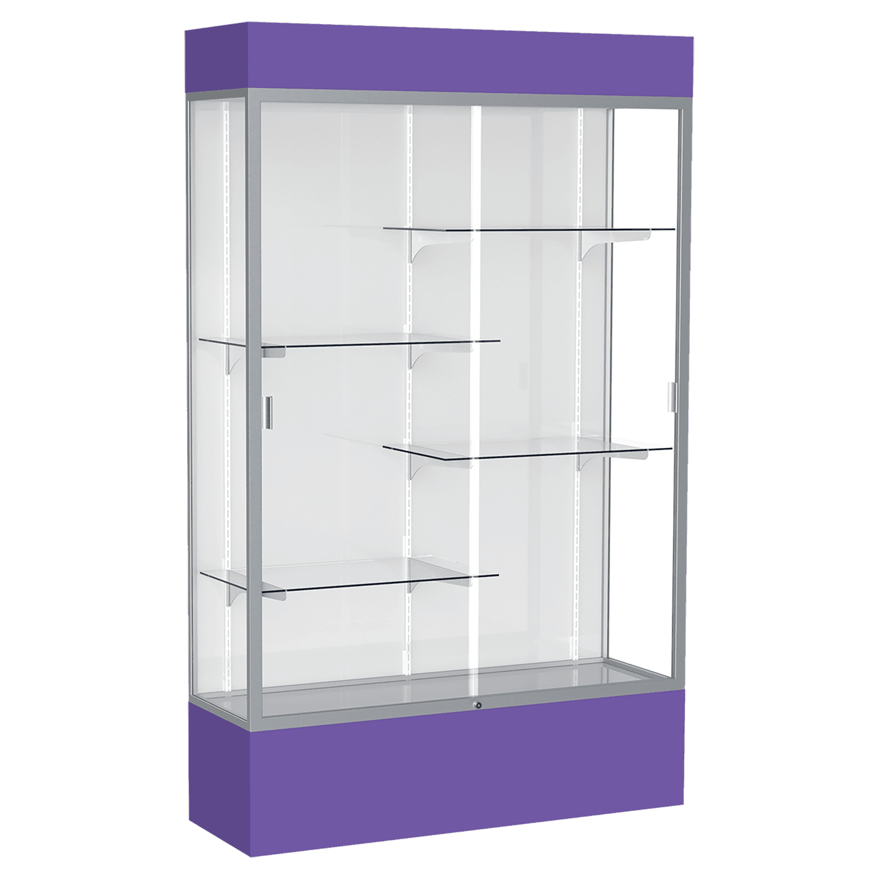 80"H x 48"W x 16"D Purple Laminate Finish, White Laminate Finish Back, Satin Aluminum Frame, Lighted, Spirit Display Case