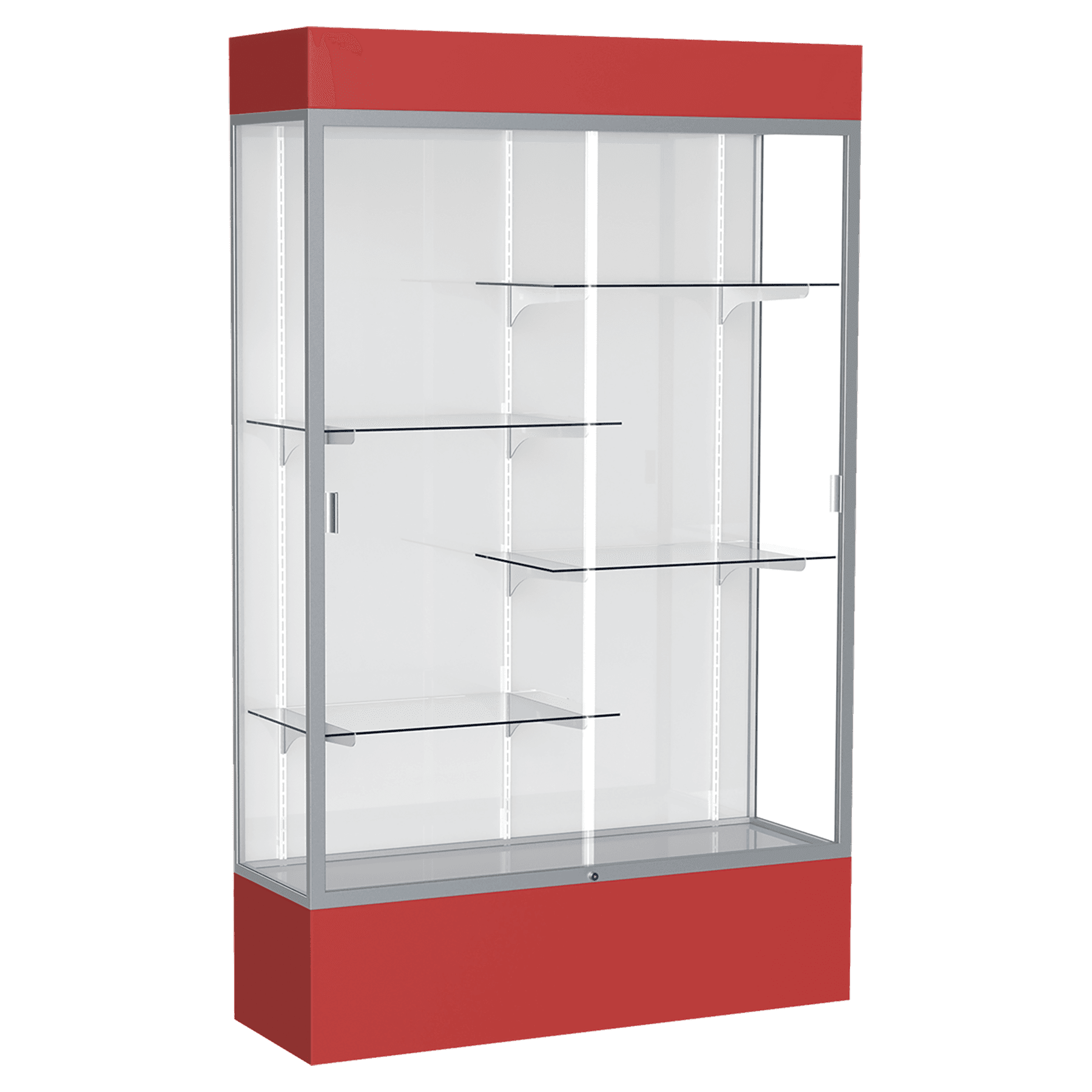 80"H x 48"W x 16"D Red Laminate Finish, White Laminate Finish Back, Satin Aluminum Frame, Lighted, Spirit Display Case