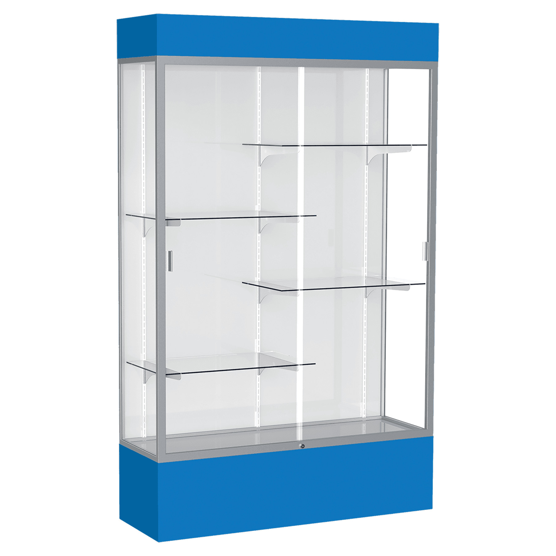 80"H x 48"W x 16"D Royal Blue Laminate Finish, White Laminate Finish Back, Satin Aluminum Frame, Lighted, Spirit Display Case