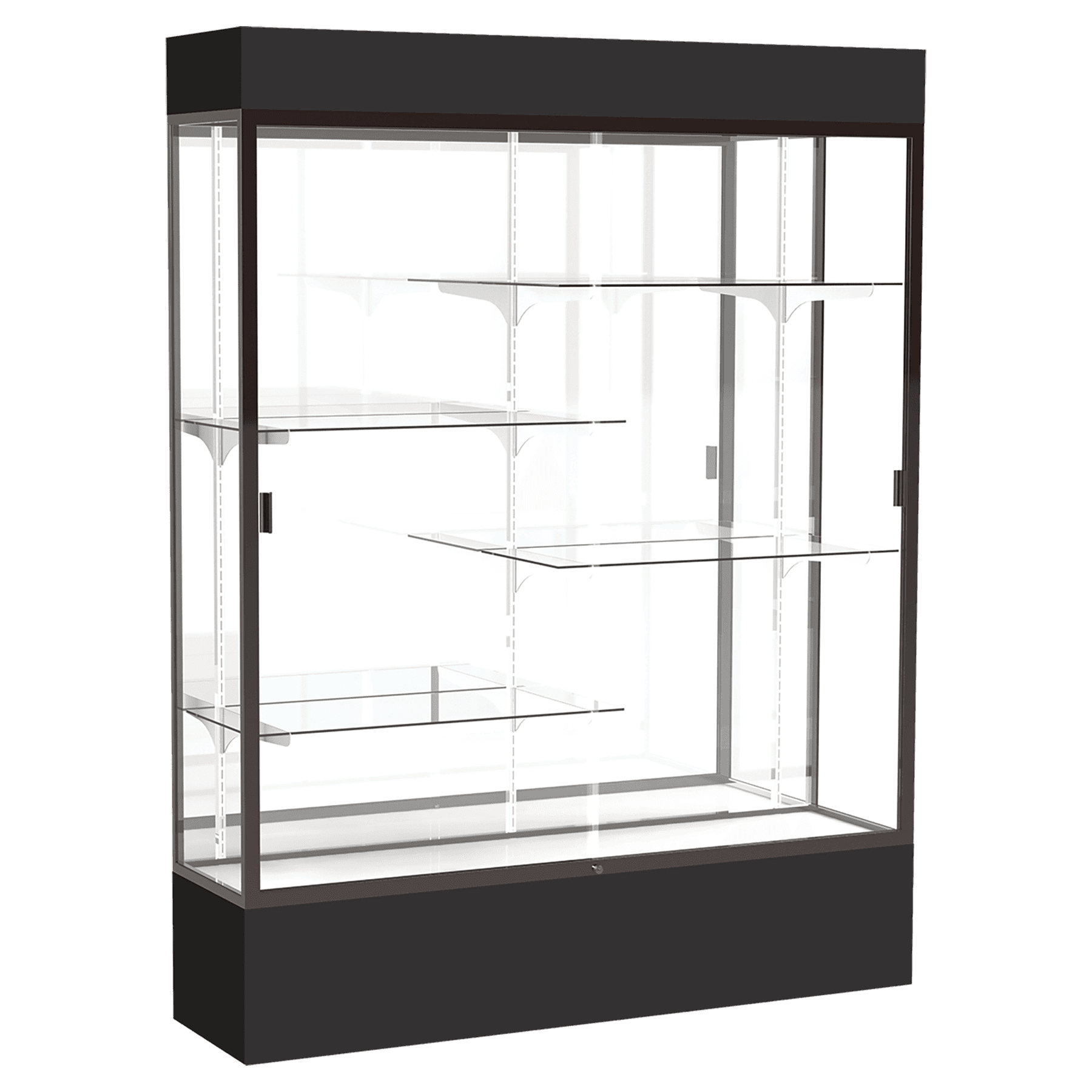 80"H x 60"W x 16"D Black Laminate Finish, Mirror Back, Bronze Aluminum Frame, Lighted, Spirit Display Case