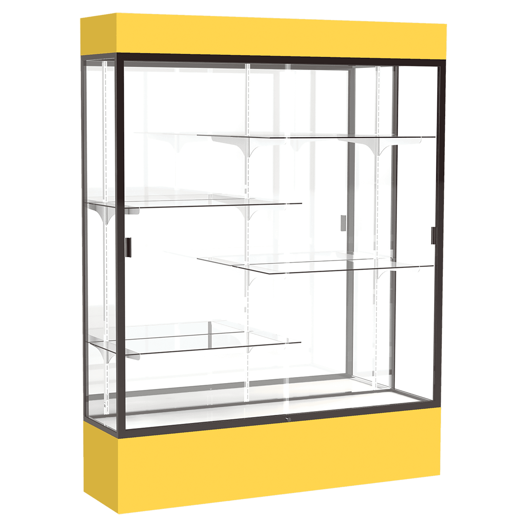 80"H x 60"W x 16"D Goldenrod Laminate Finish, Mirror Back, Bronze Aluminum Frame, Lighted, Spirit Display Case