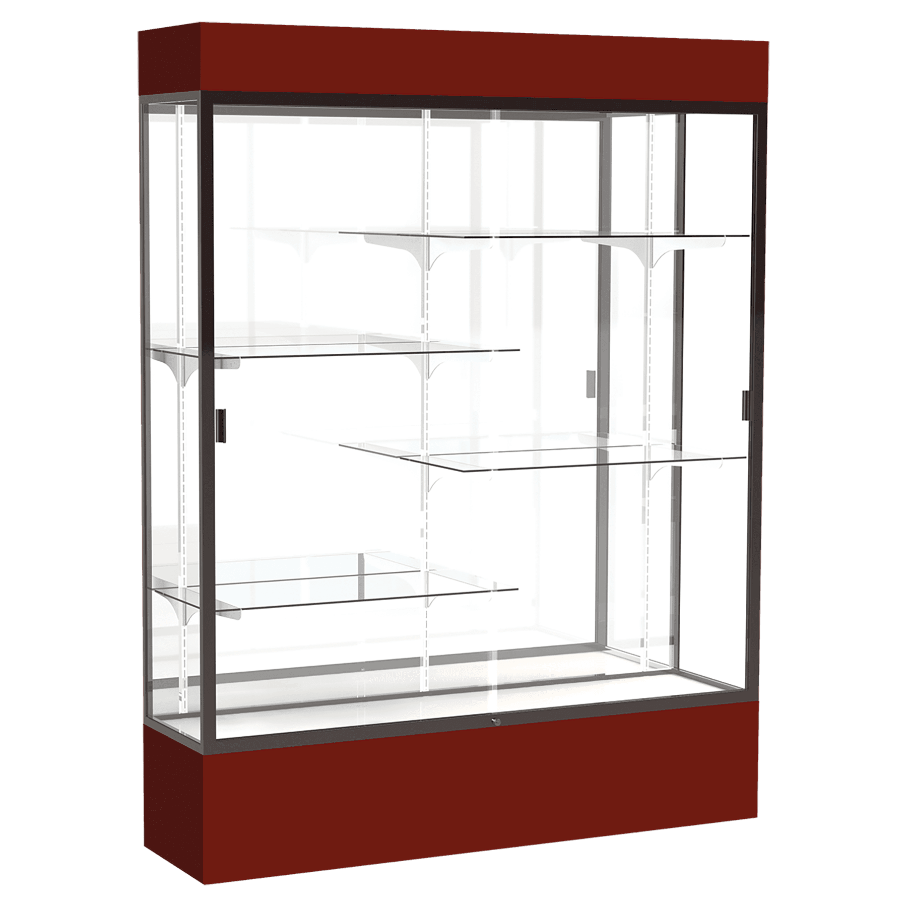 80"H x 60"W x 16"D Maroon Laminate Finish, Mirror Back, Bronze Aluminum Frame, Lighted, Spirit Display Case