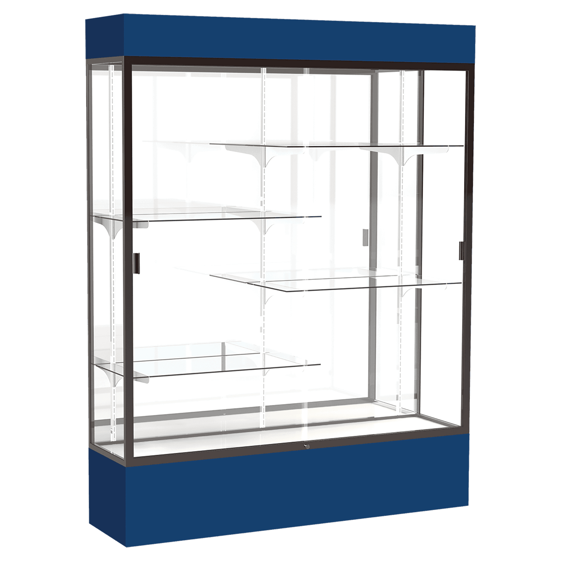 80"H x 60"W x 16"D Navy Laminate Finish, Mirror Back, Bronze Aluminum Frame, Lighted, Spirit Display Case