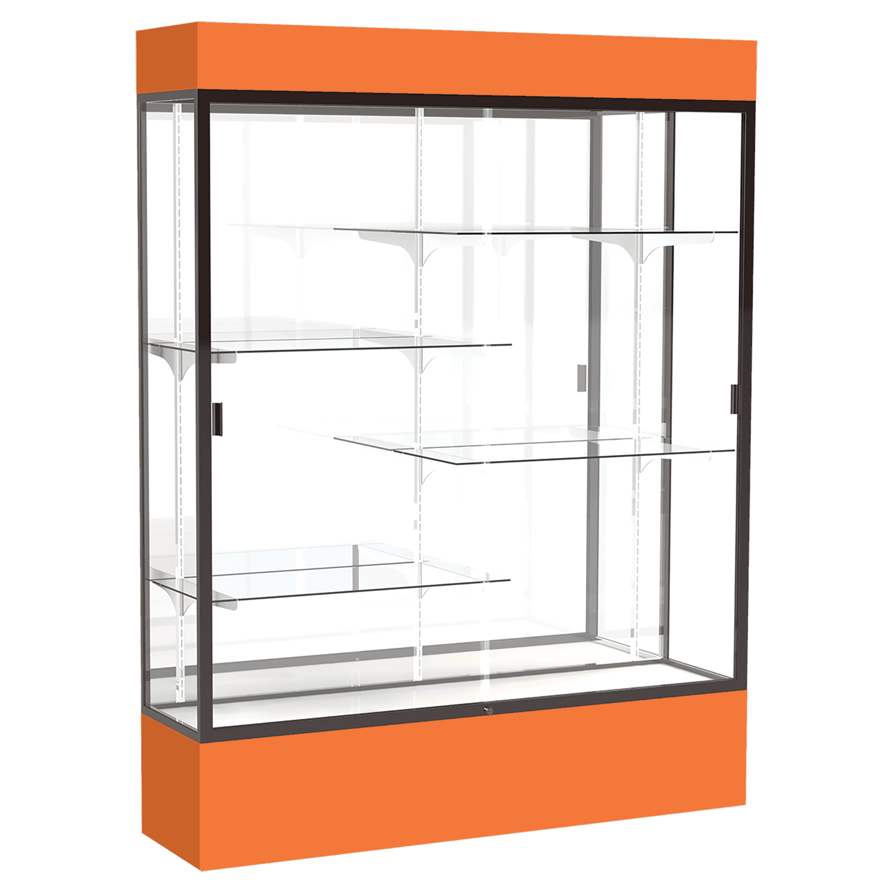 80"H x 60"W x 16"D Orange Laminate Finish, Mirror Back, Bronze Aluminum Frame, Lighted, Spirit Display Case