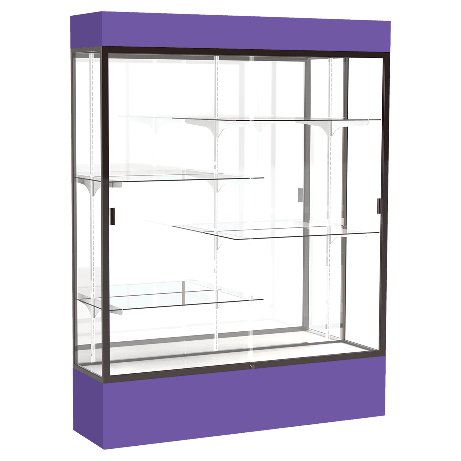 80"H x 60"W x 16"D Purple Laminate Finish, Mirror Back, Bronze Aluminum Frame, Lighted, Spirit Display Case