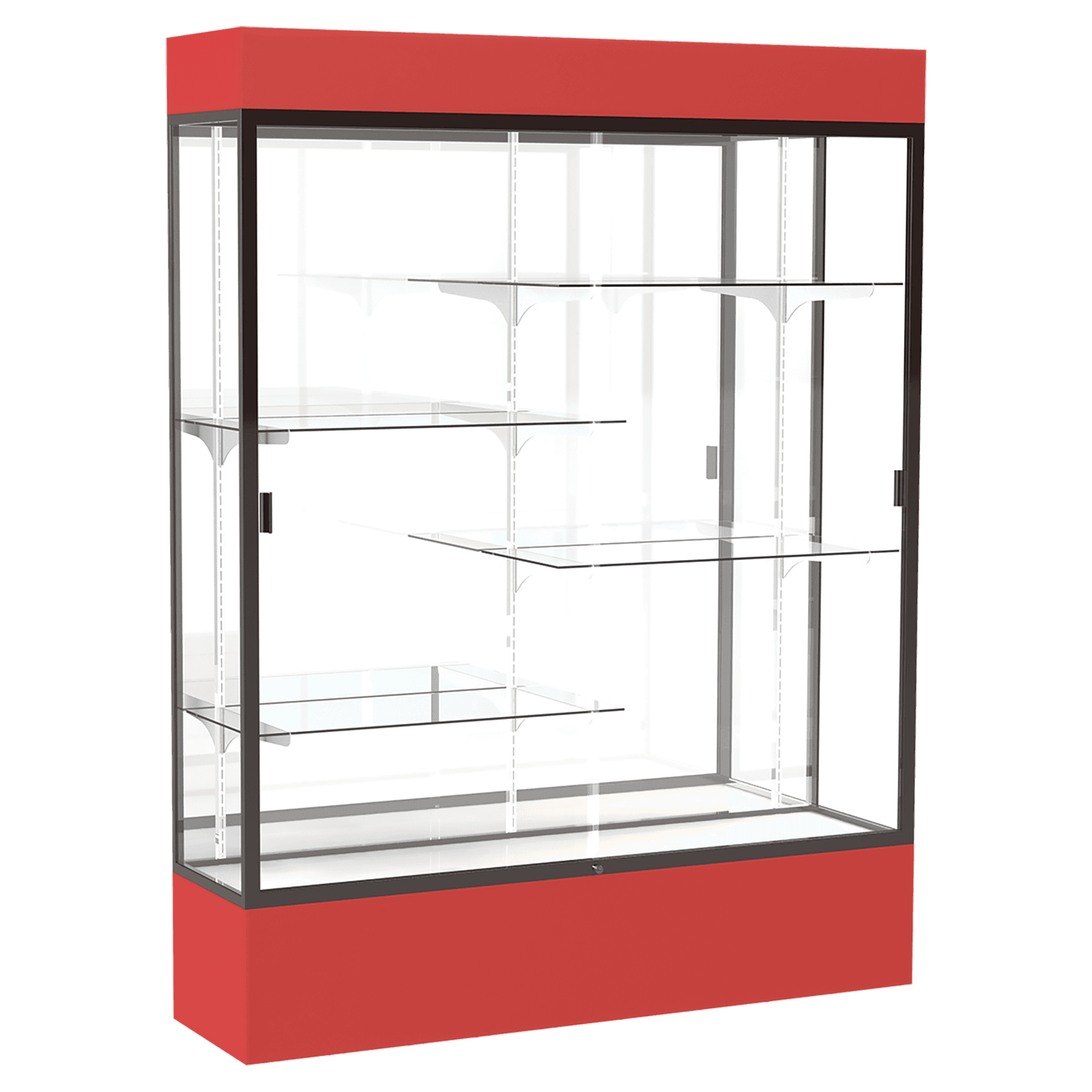 80"H x 60"W x 16"D Red Laminate Finish, Mirror Back, Bronze Aluminum Frame, Lighted, Spirit Display Case