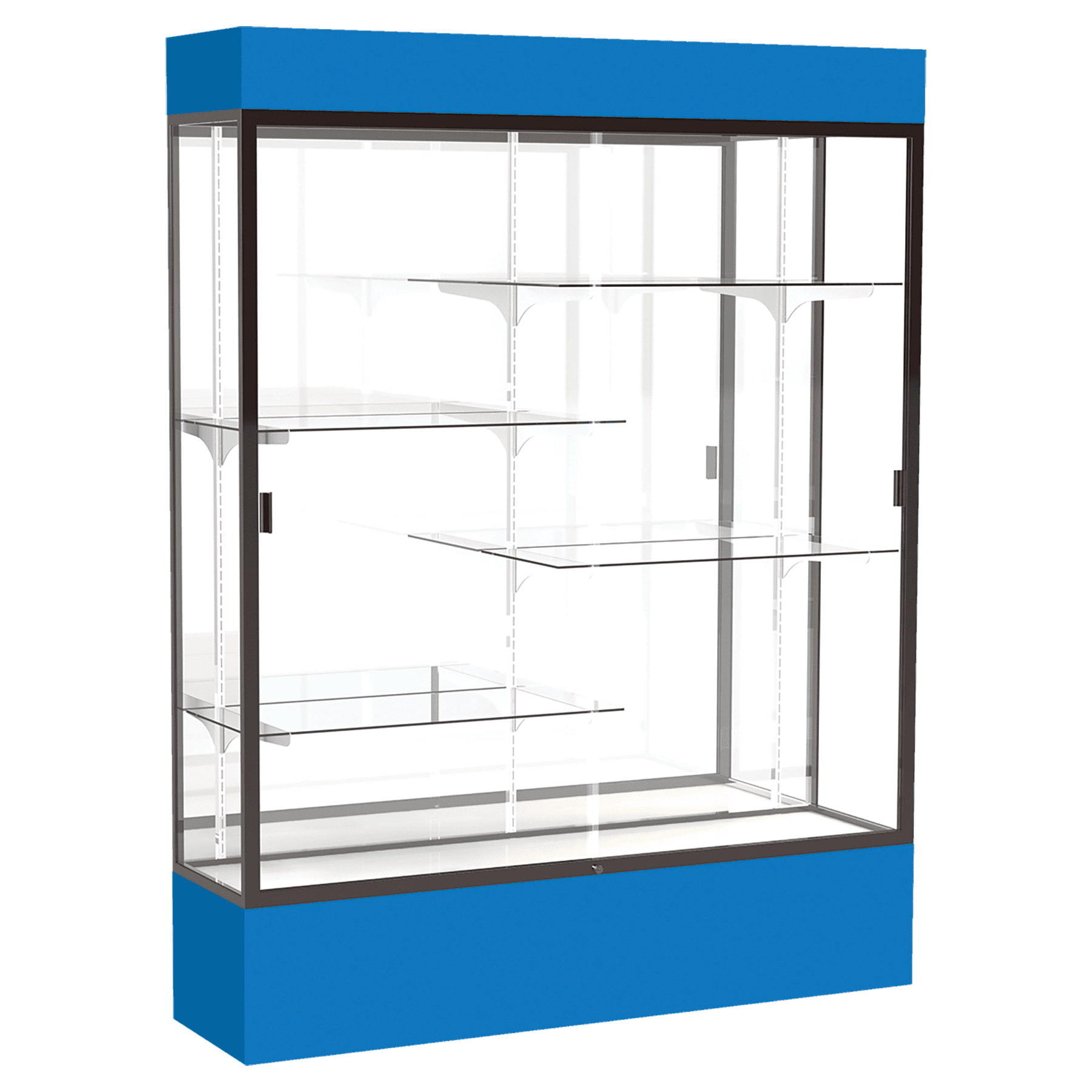 80"H x 60"W x 16"D Royal Blue Laminate Finish, Mirror Back, Bronze Aluminum Frame, Lighted, Spirit Display Case