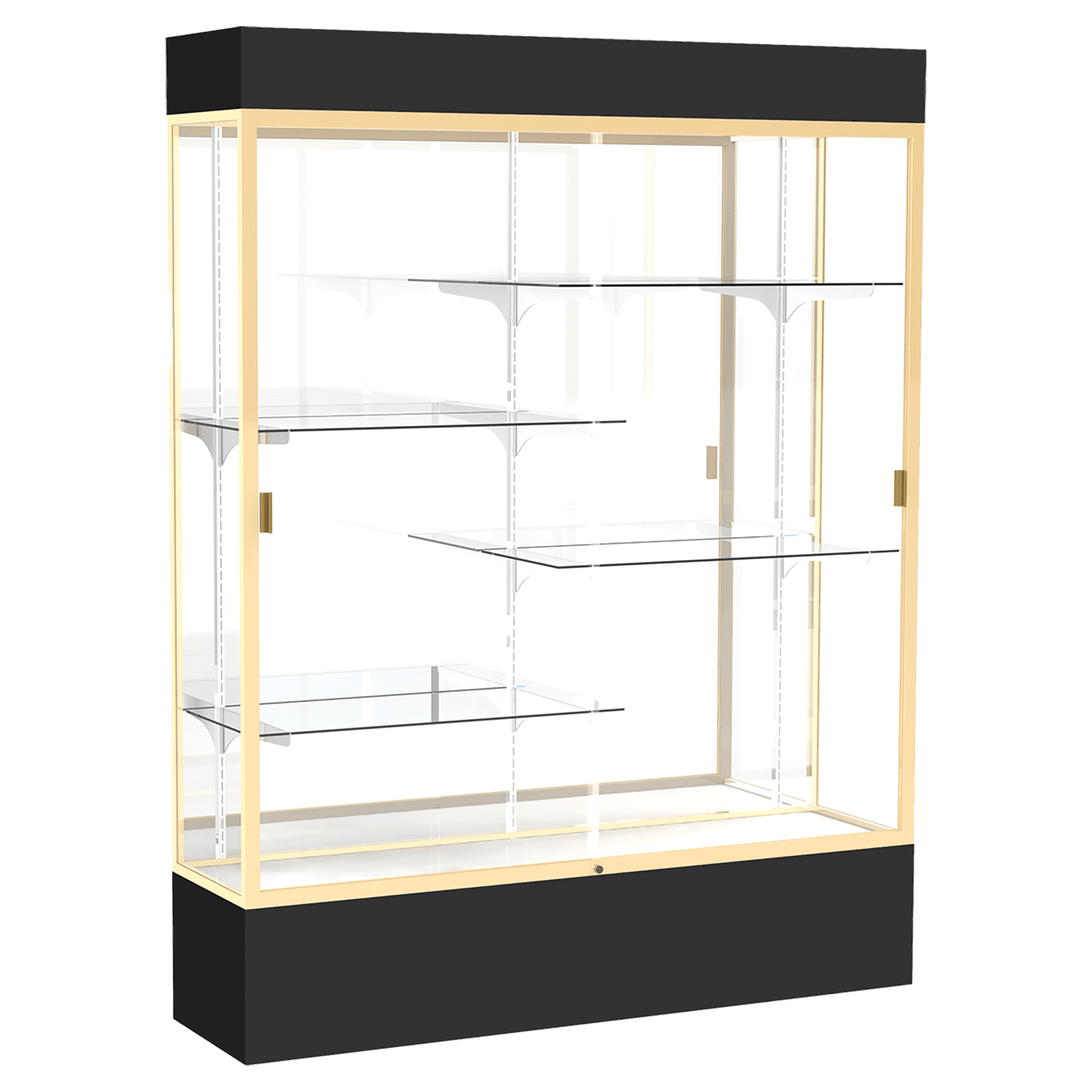 80"H x 60"W x 16"D Black Laminate Finish, Mirror Back, Champagne Aluminum Frame, Lighted, Spirit Display Case