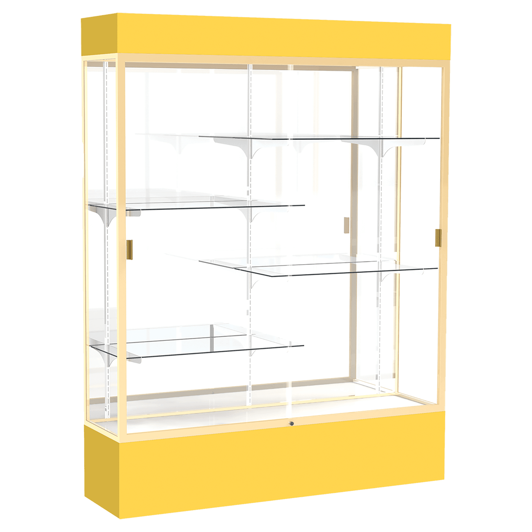80"H x 60"W x 16"D Goldenrod Laminate Finish, Mirror Back, Champagne Aluminum Frame, Lighted, Spirit Display Case