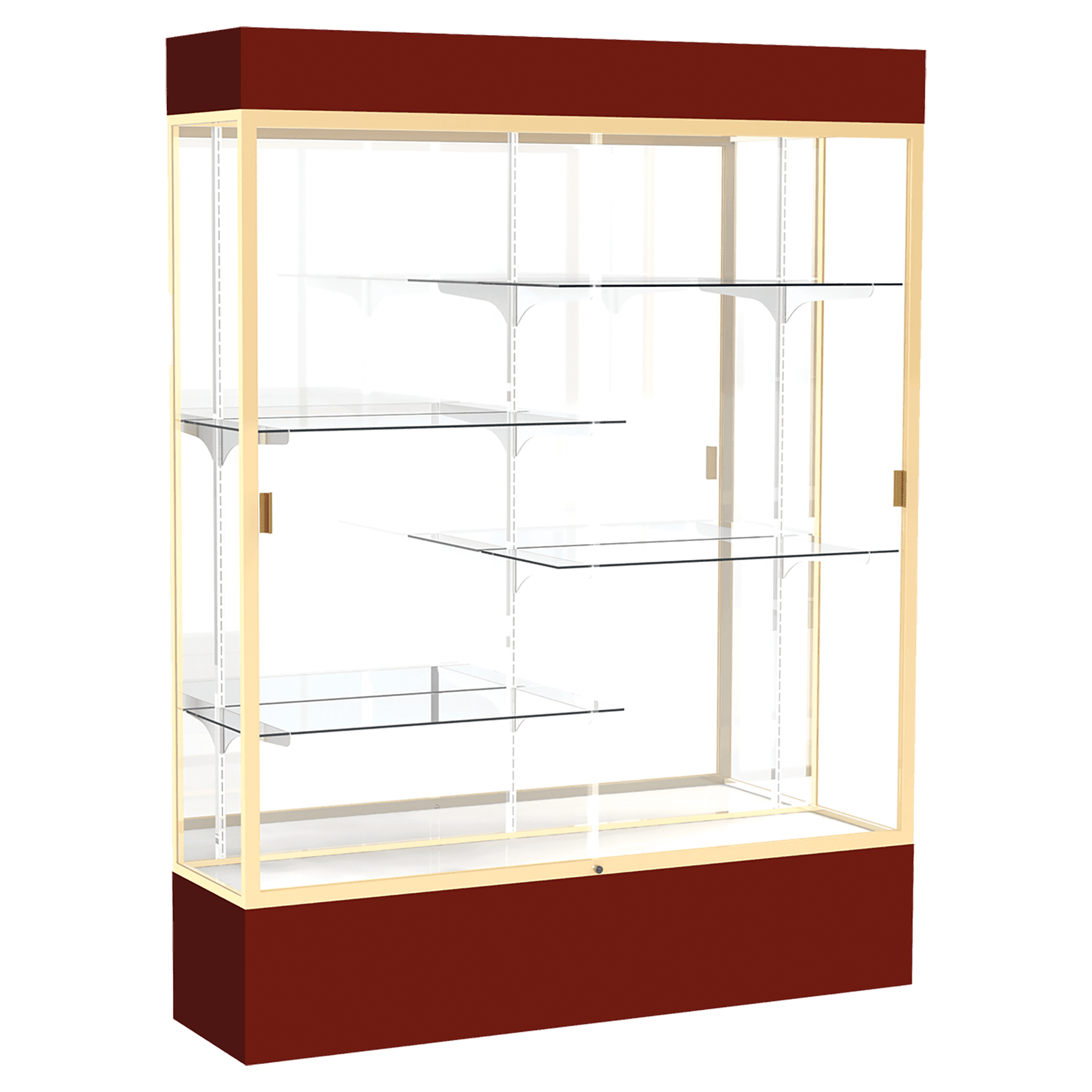 80"H x 60"W x 16"D Maroon Laminate Finish, Mirror Back, Champagne Aluminum Frame, Lighted, Spirit Display Case