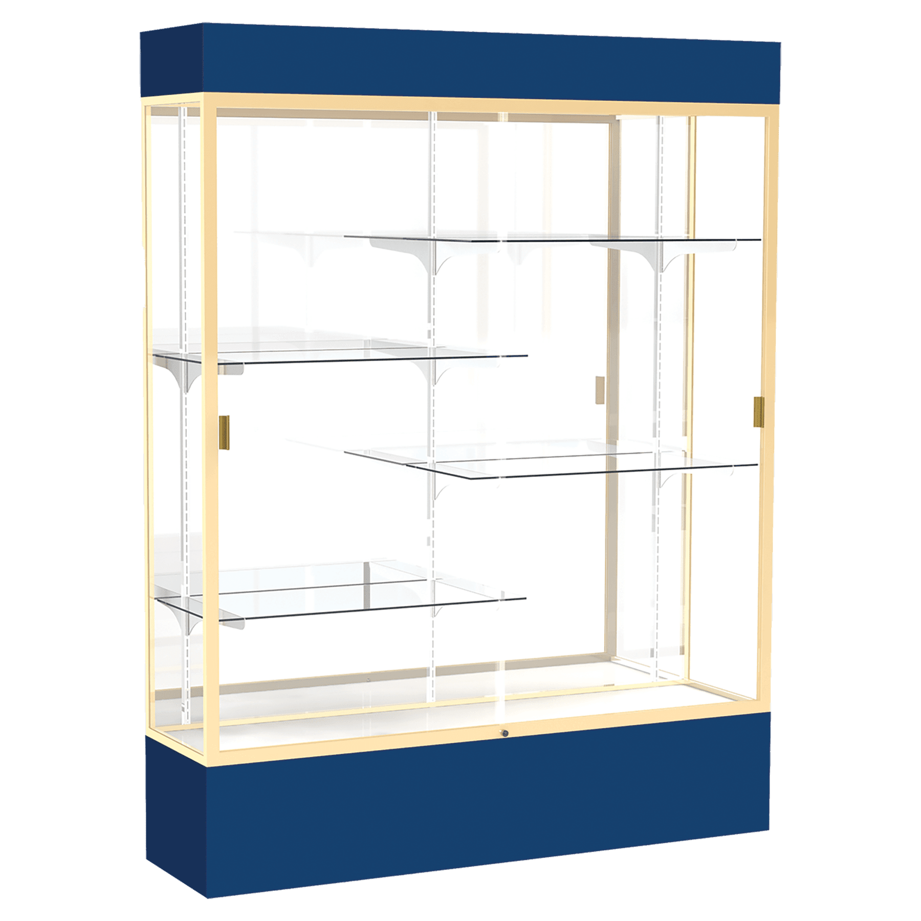 80"H x 60"W x 16"D Navy Laminate Finish, Mirror Back, Champagne Aluminum Frame, Lighted, Spirit Display Case