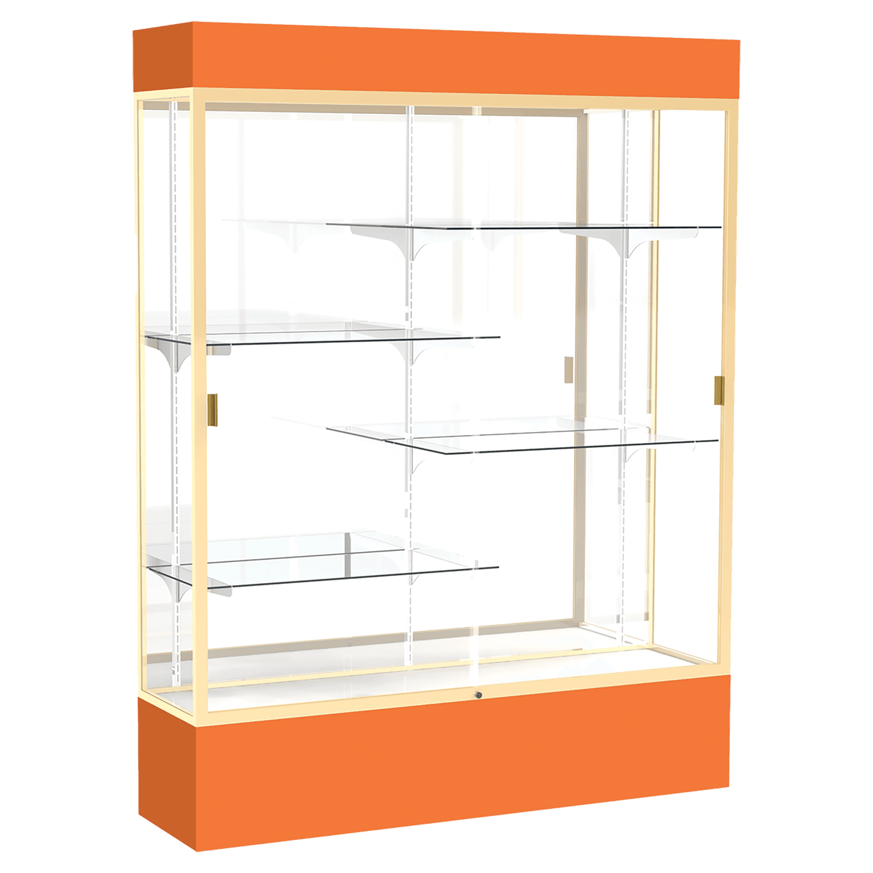 80"H x 60"W x 16"D Orange Laminate Finish, Mirror Back, Champagne Aluminum Frame, Lighted, Spirit Display Case