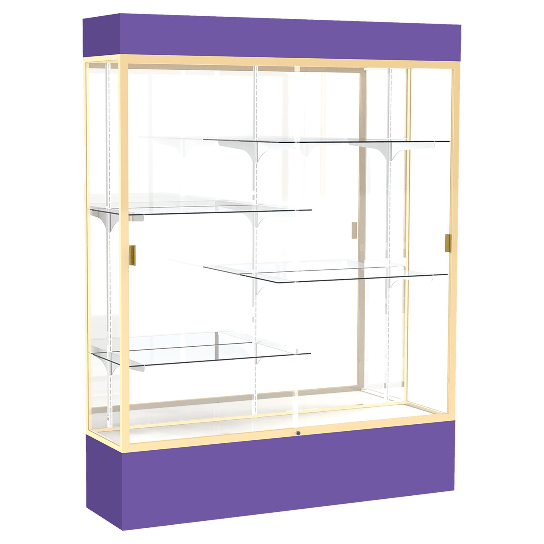 80"H x 60"W x 16"D Purple Laminate Finish, Mirror Back, Champagne Aluminum Frame, Lighted, Spirit Display Case