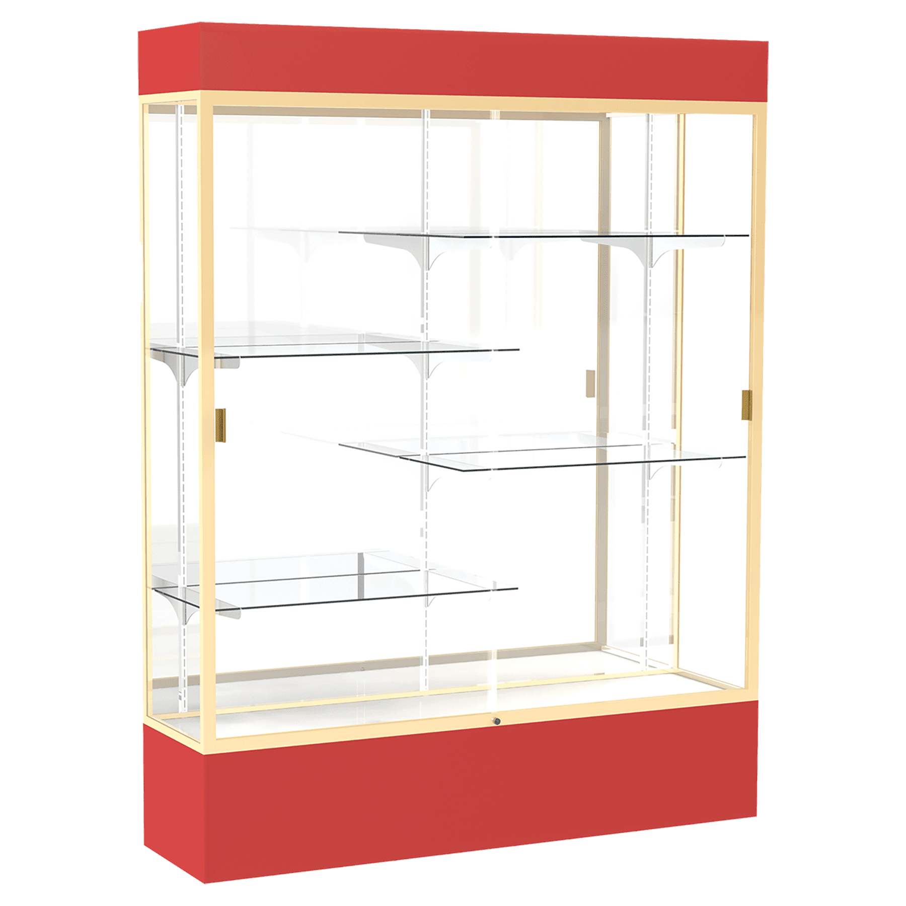 80"H x 60"W x 16"D Red Laminate Finish, Mirror Back, Champagne Aluminum Frame, Lighted, Spirit Display Case