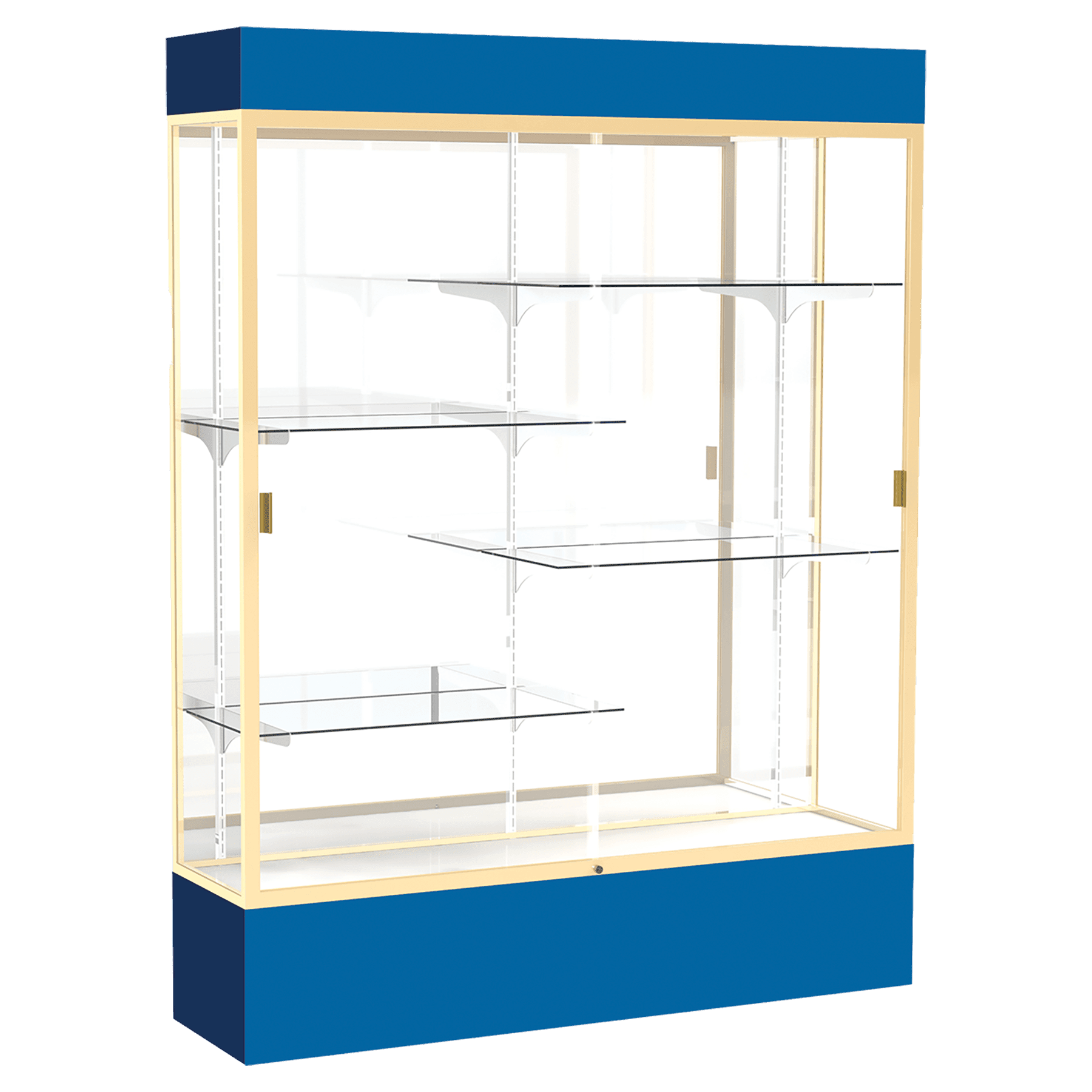 80"H x 60"W x 16"D Royal Blue Laminate Finish, Mirror Back, Champagne Aluminum Frame, Lighted, Spirit Display Case