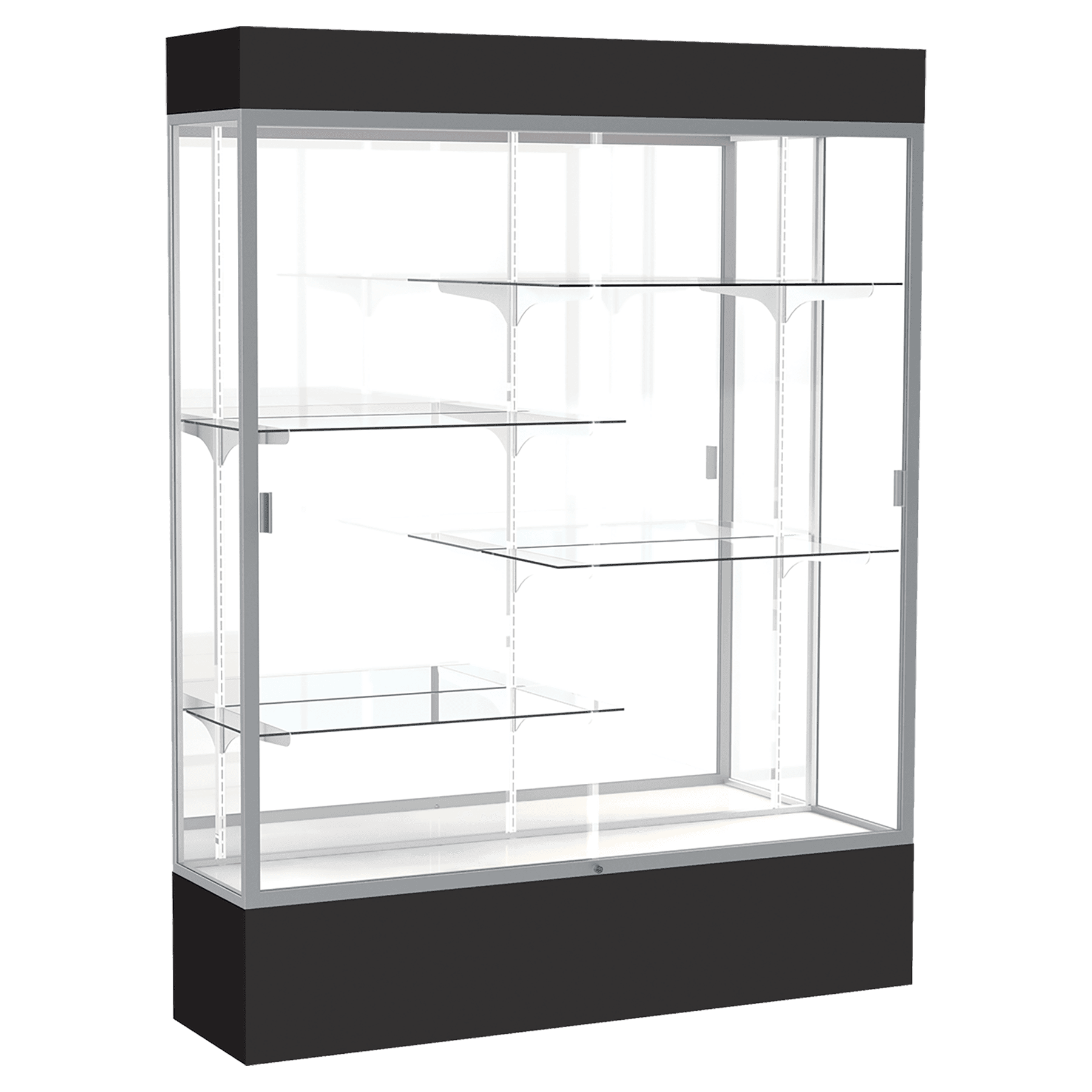 80"H x 60"W x 16"D Black Laminate Finish, Mirror Back, Satin Aluminum Frame, Lighted, Spirit Display Case