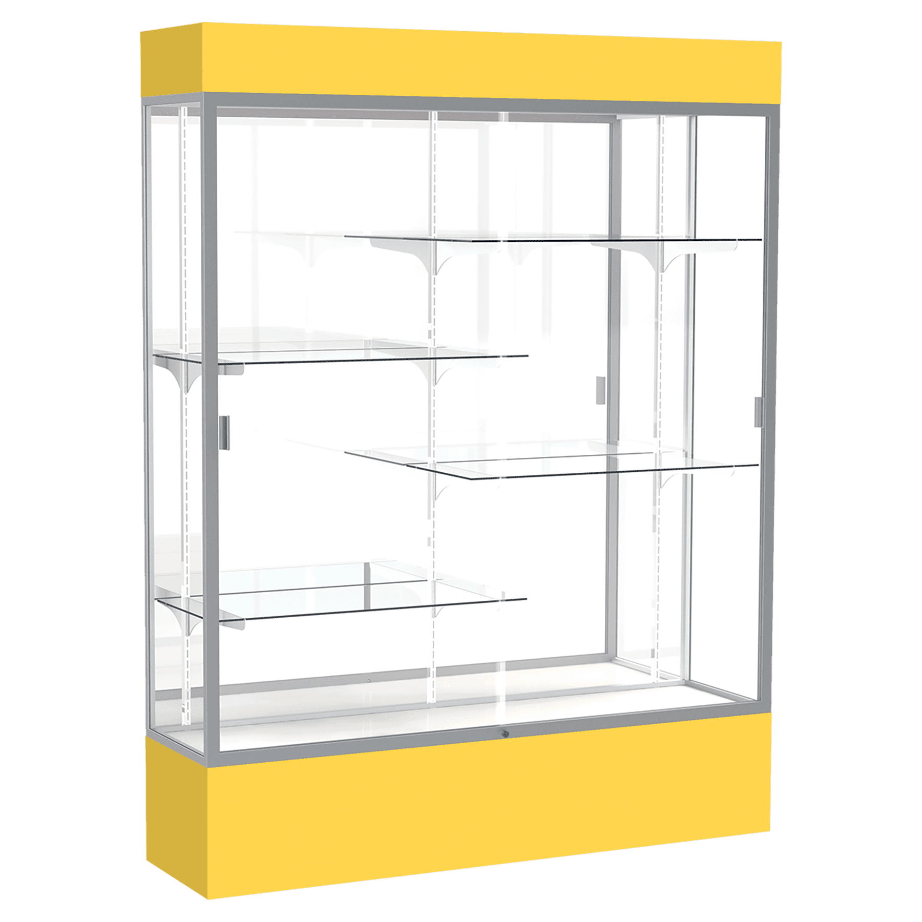 80"H x 60"W x 16"D Goldenrod Laminate Finish, Mirror Back, Satin Aluminum Frame, Lighted, Spirit Display Case