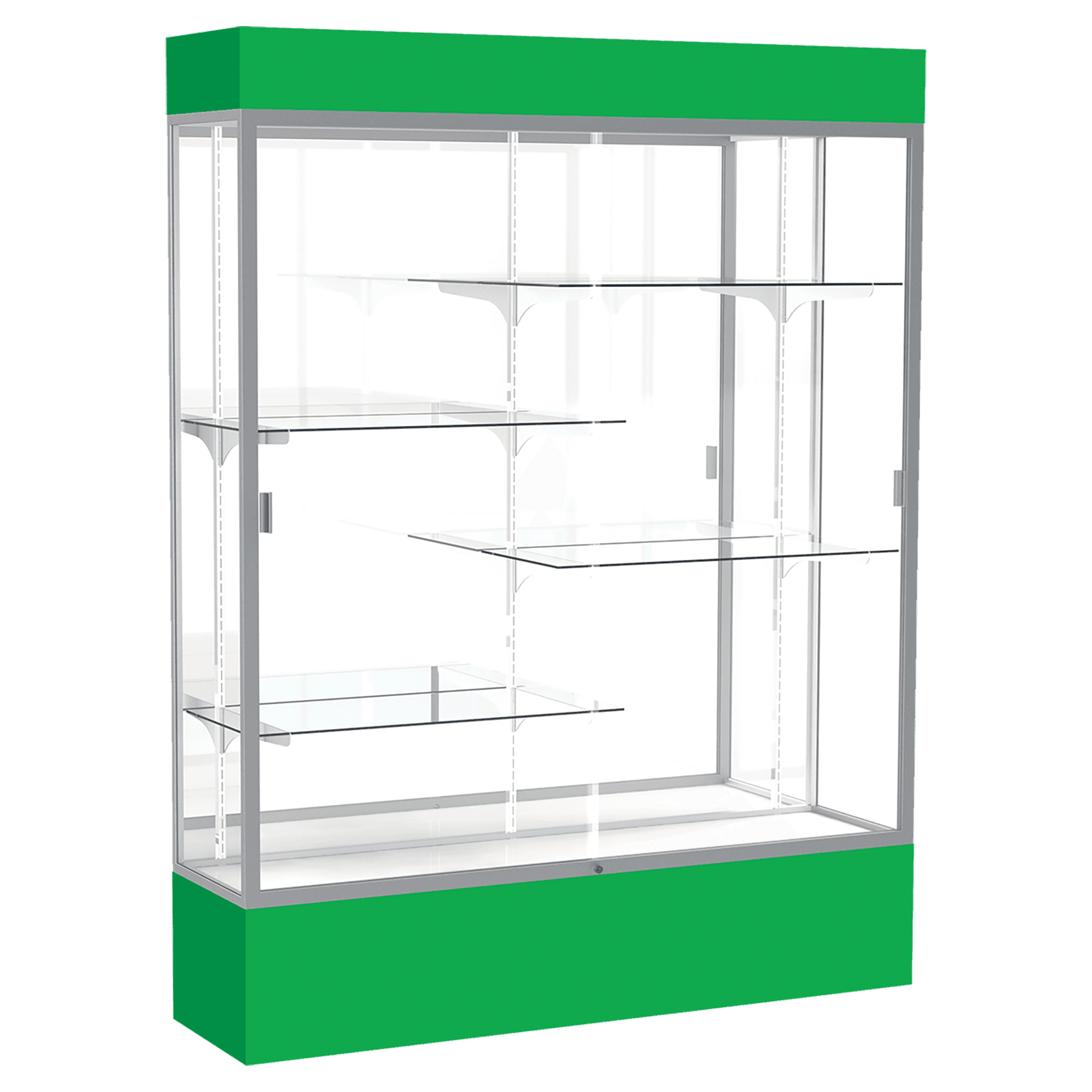 80"H x 60"W x 16"D Kelly Green Laminate Finish, Mirror Back, Satin Aluminum Frame, Lighted, Spirit Display Case