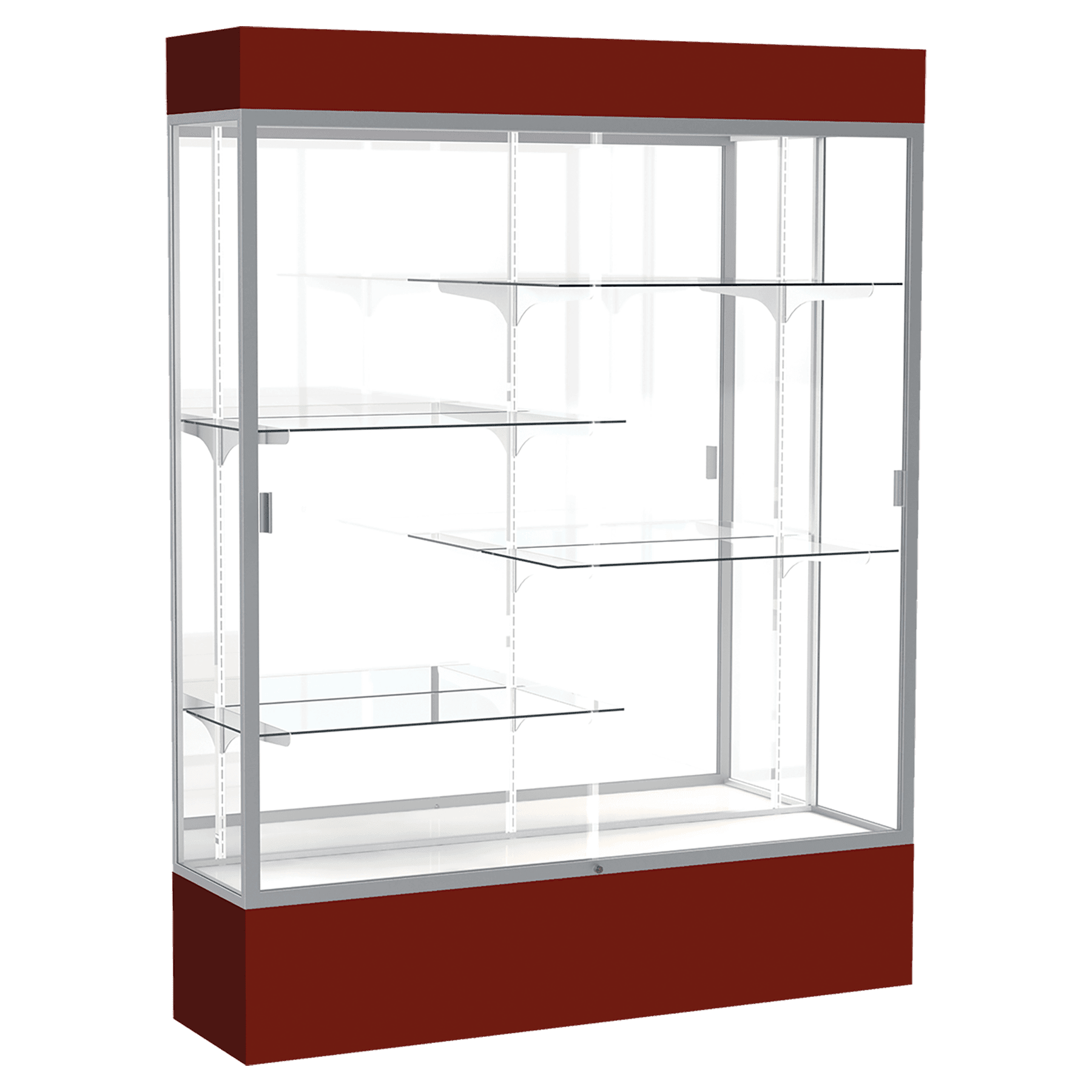 80"H x 60"W x 16"D Maroon Laminate Finish, Mirror Back, Satin Aluminum Frame, Lighted, Spirit Display Case