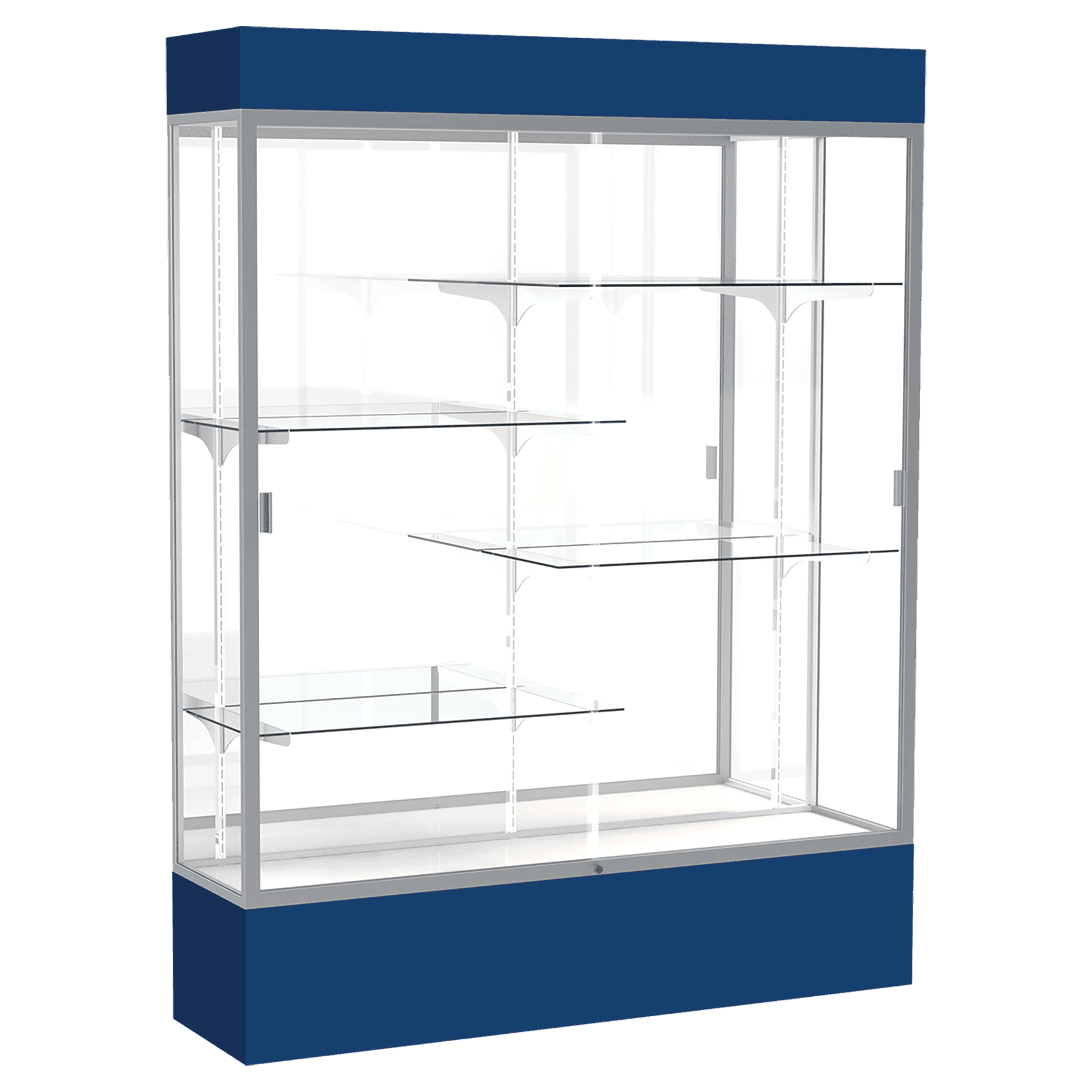 80"H x 60"W x 16"D Navy Laminate Finish, Mirror Back, Satin Aluminum Frame, Lighted, Spirit Display Case