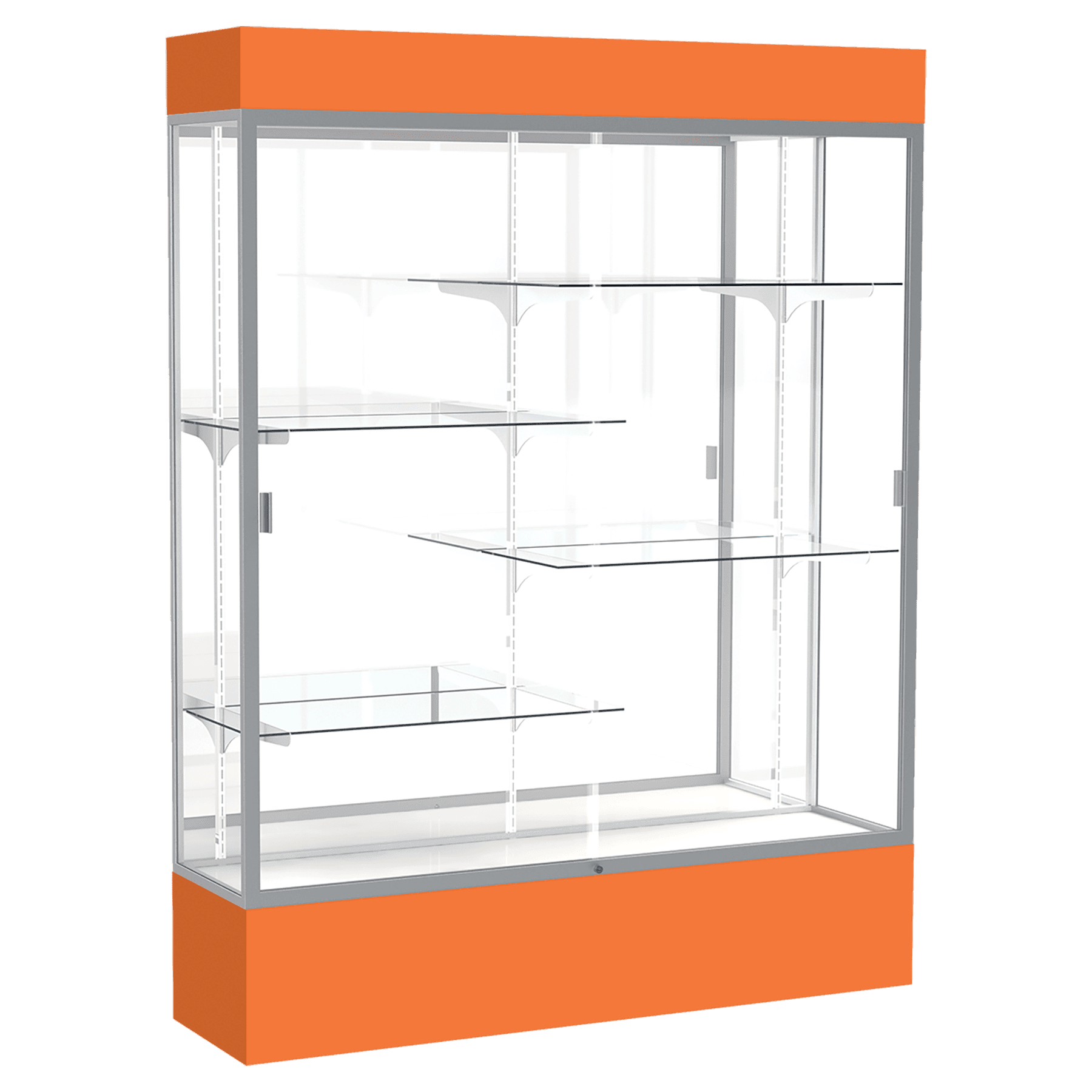 80"H x 60"W x 16"D Orange Laminate Finish, Mirror Back, Satin Aluminum Frame, Lighted, Spirit Display Case