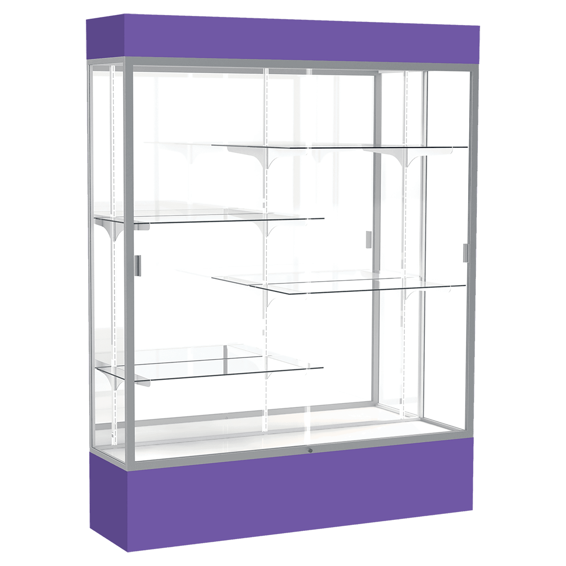 80"H x 60"W x 16"D Purple Laminate Finish, Mirror Back, Satin Aluminum Frame, Lighted, Spirit Display Case