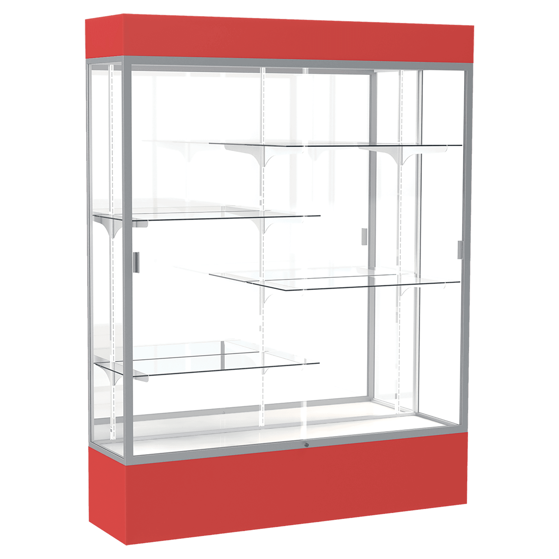 80"H x 60"W x 16"D Red Laminate Finish, Mirror Back, Satin Aluminum Frame, Lighted, Spirit Display Case