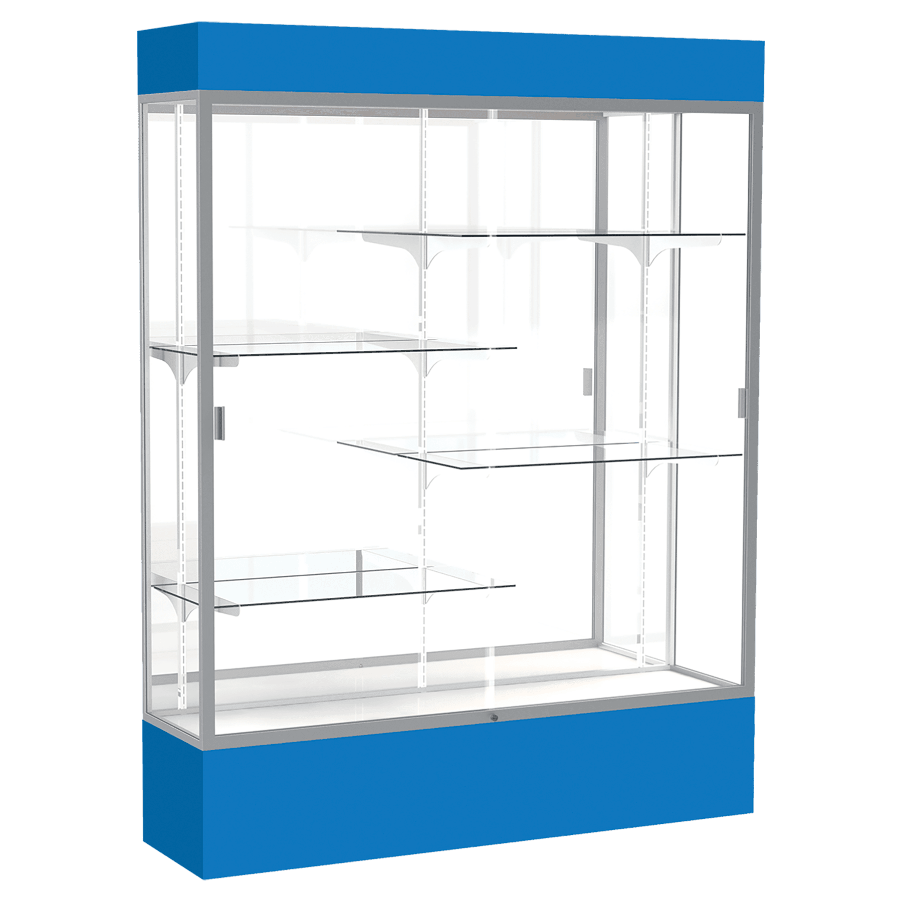 80"H x 60"W x 16"D Royal Blue Laminate Finish, Mirror Back, Satin Aluminum Frame, Lighted, Spirit Display Case