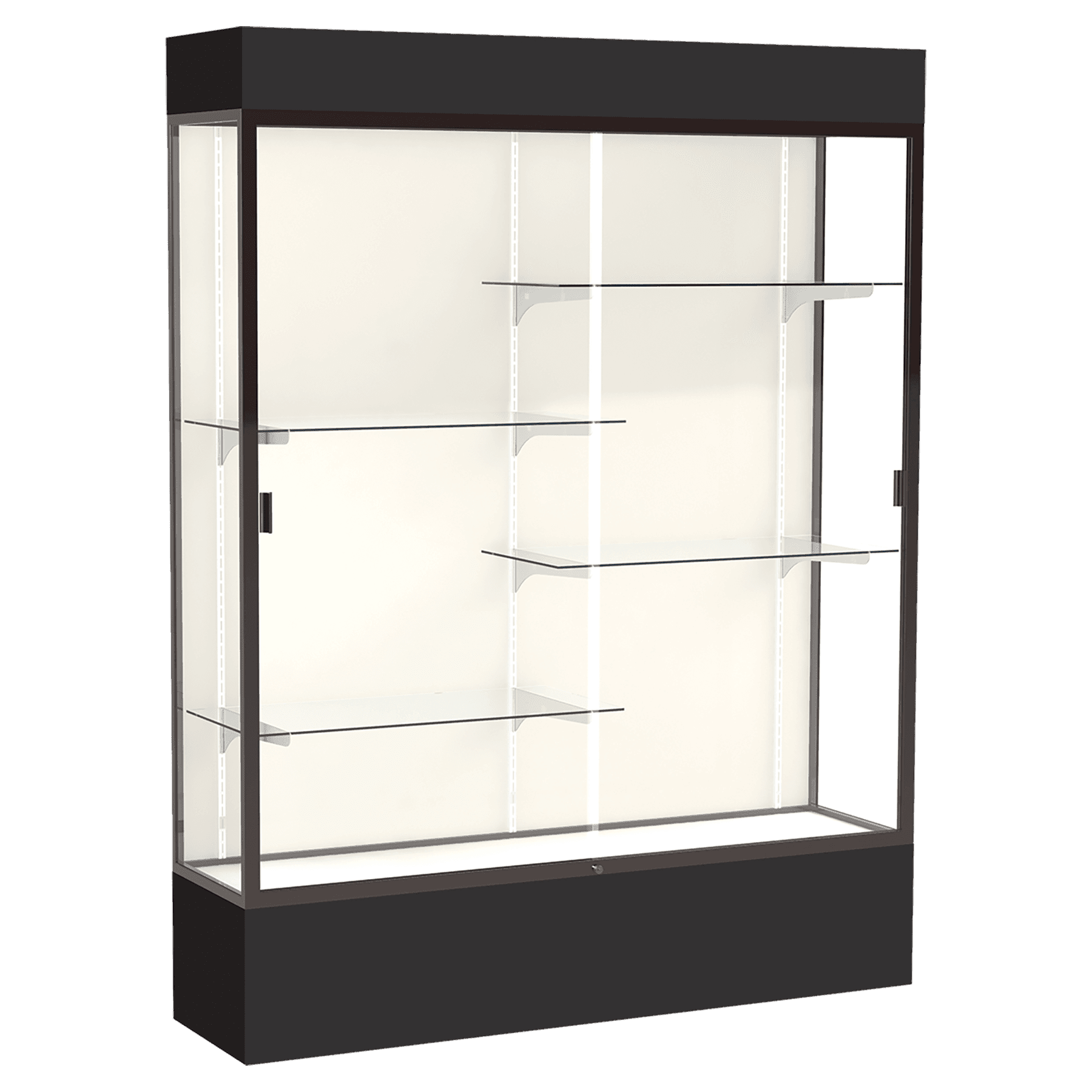 80"H x 60"W x 16"D Black Laminate Finish, Plaque Frabric Back, Bronze Aluminum Frame, Lighted, Spirit Display Case