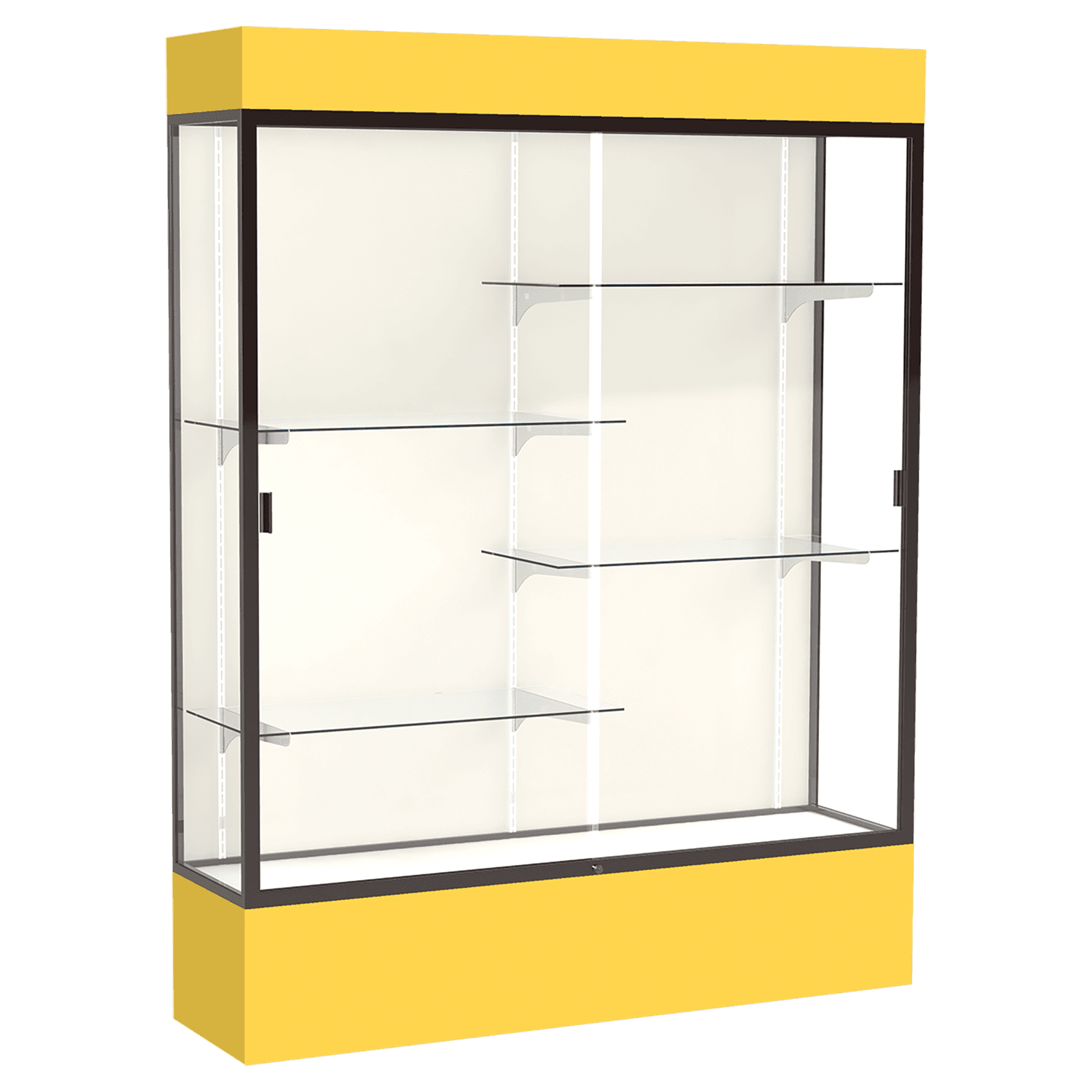 80"H x 60"W x 16"D Goldenrod Laminate Finish, Plaque Frabric Back, Bronze Aluminum Frame, Lighted, Spirit Display Case