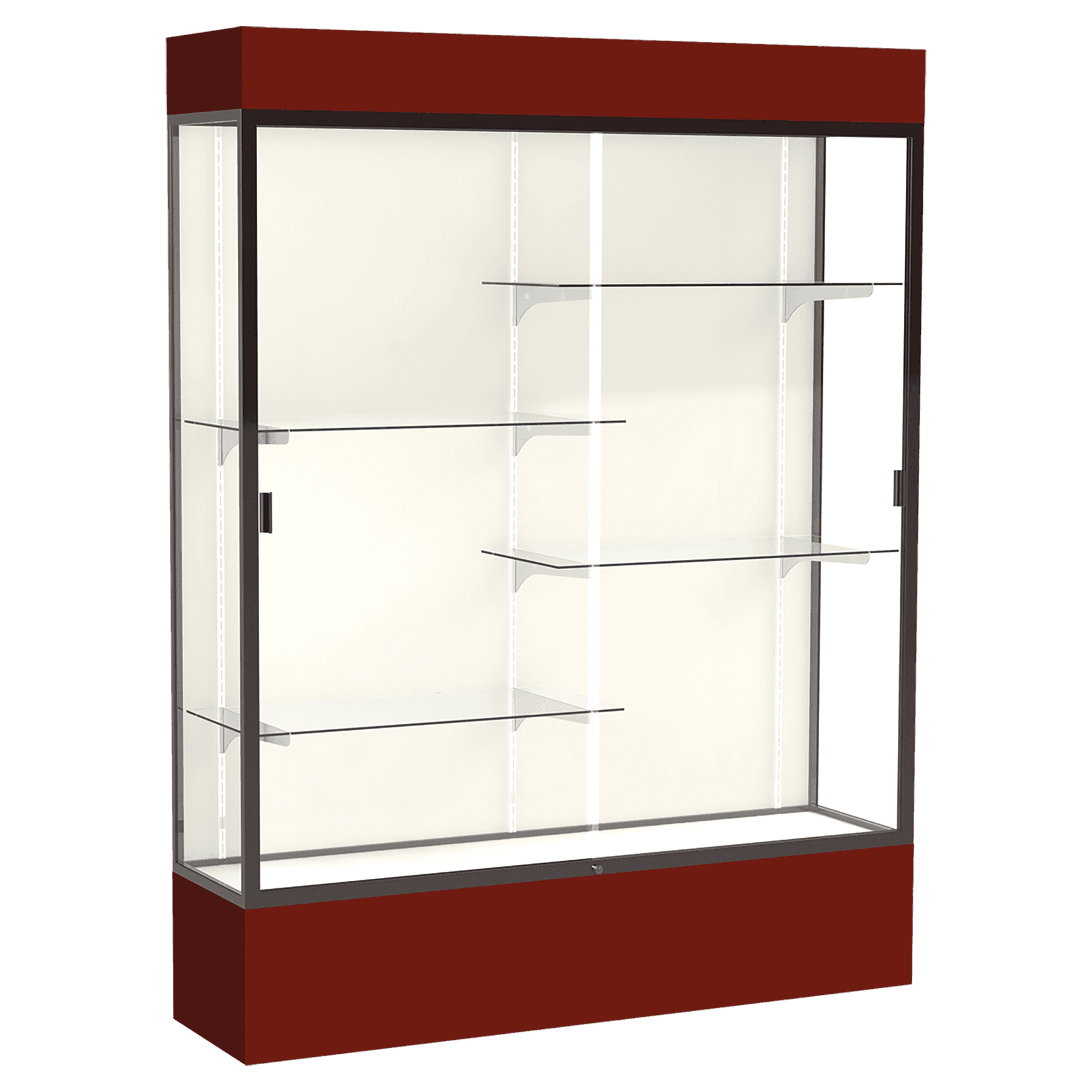 80"H x 60"W x 16"D Maroon Laminate Finish, Plaque Frabric Back, Bronze Aluminum Frame, Lighted, Spirit Display Case