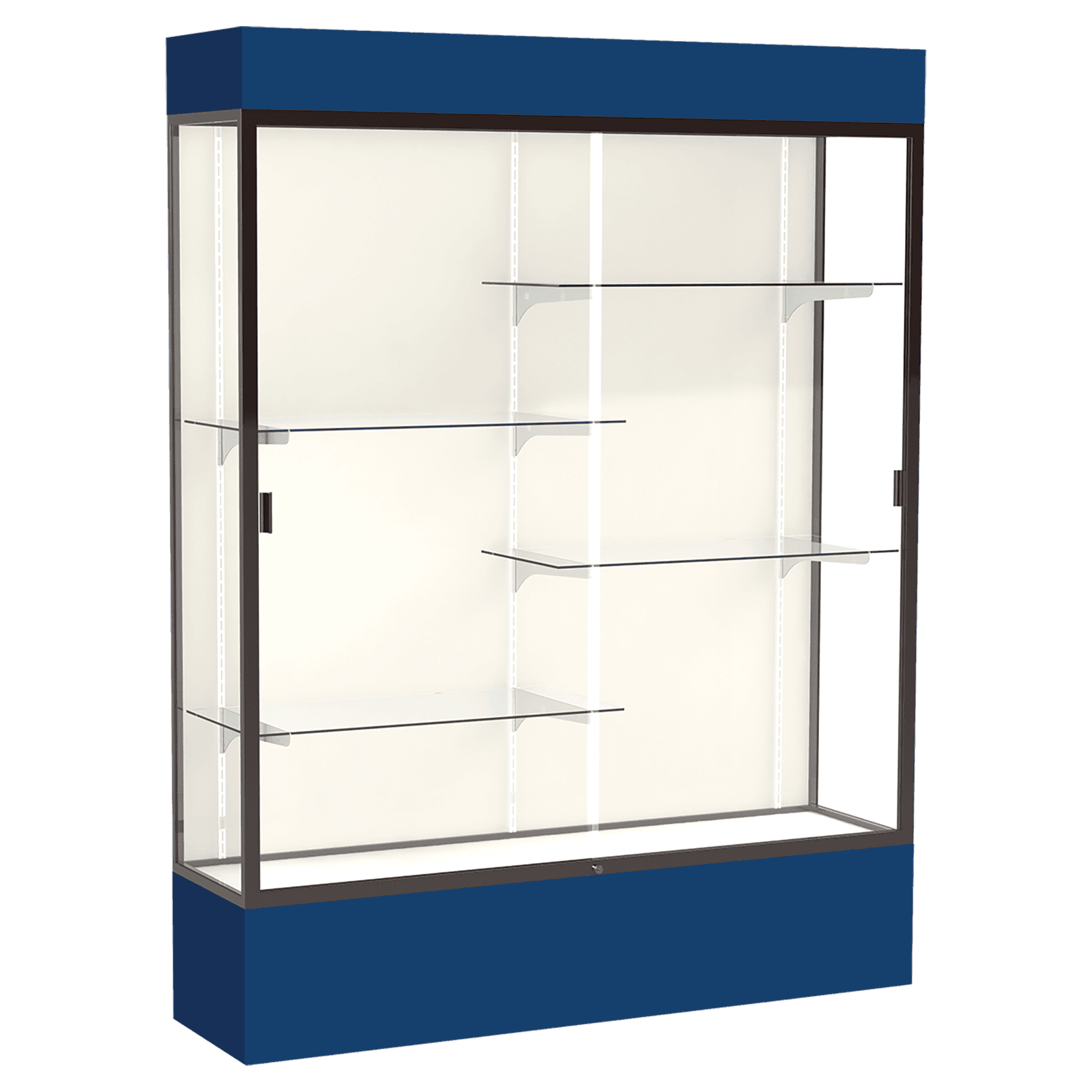 80"H x 60"W x 16"D Navy Laminate Finish, Plaque Frabric Back, Bronze Aluminum Frame, Lighted, Spirit Display Case