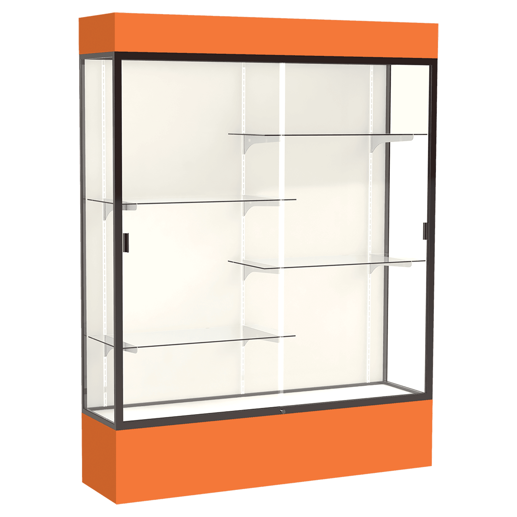 80"H x 60"W x 16"D Orange Laminate Finish, Plaque Frabric Back, Bronze Aluminum Frame, Lighted, Spirit Display Case